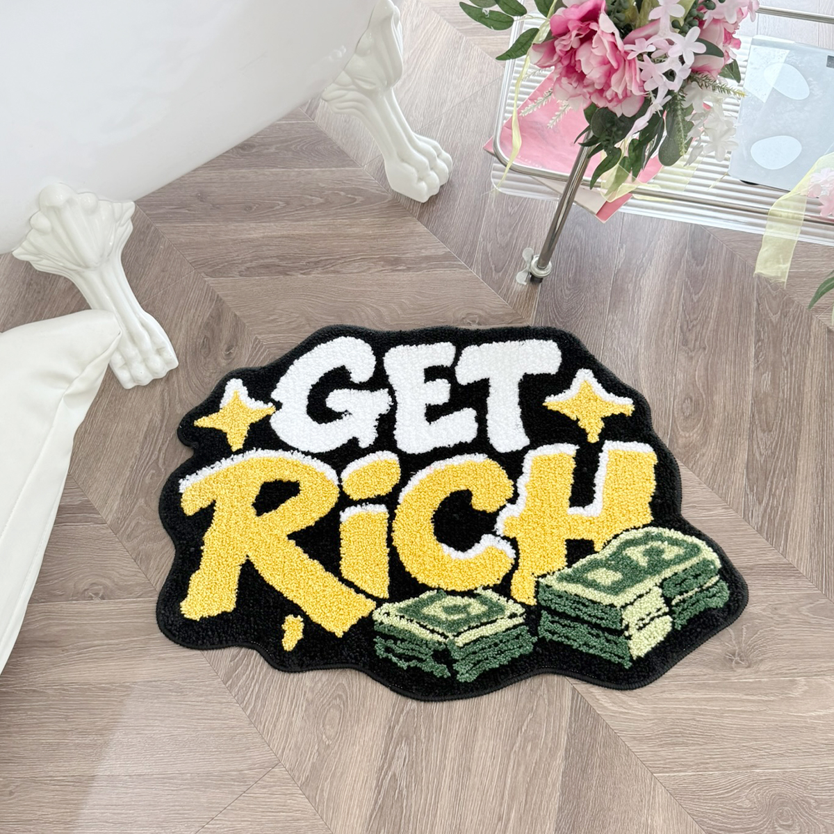 GET RICH Money Design Tufted Rug, Dollar Cash Stack Irregular Shaped Fluffy Floor Mat, Non Slip Absorbent Doormat for Bedroom Entryway Home Decor