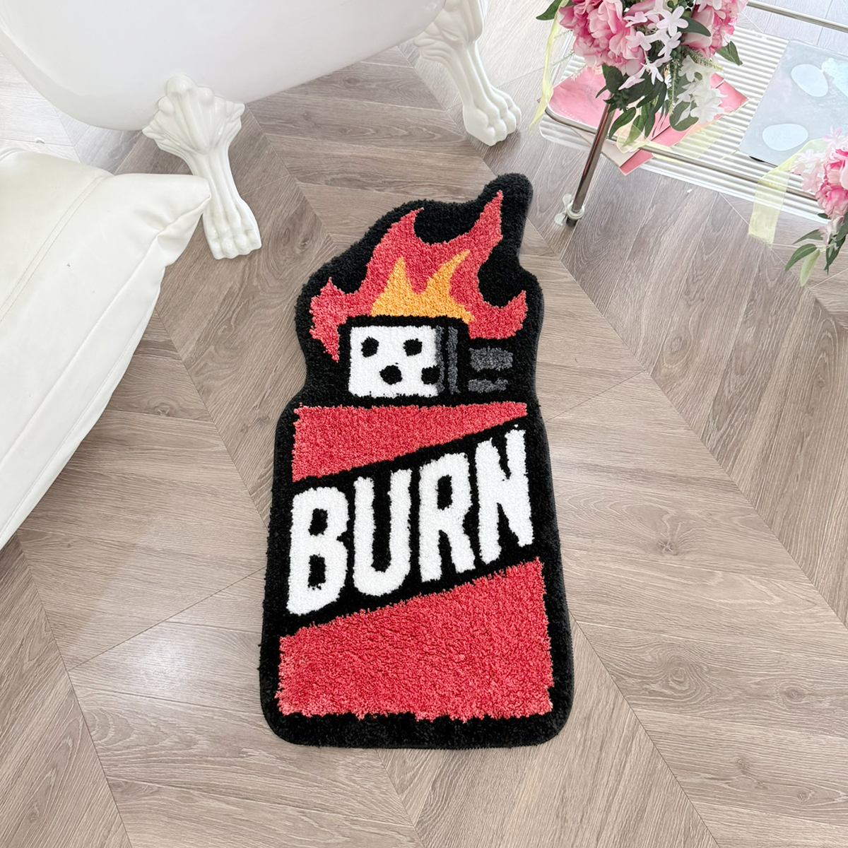 BURN Lighter Shaped Tufted Rug, Retro Flame & Dice Irregular Fluffy Floor Mat, Non Slip Absorbent Doormat for Bedroom Entryway Home Decor
