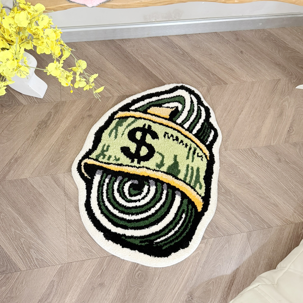 Rolled Dollar Bill Tufted Rug, Spiral Money Sign Irregular Shaped Fluffy Floor Mat, Non Slip Absorbent Doormat for Bedroom Entryway Home Decor