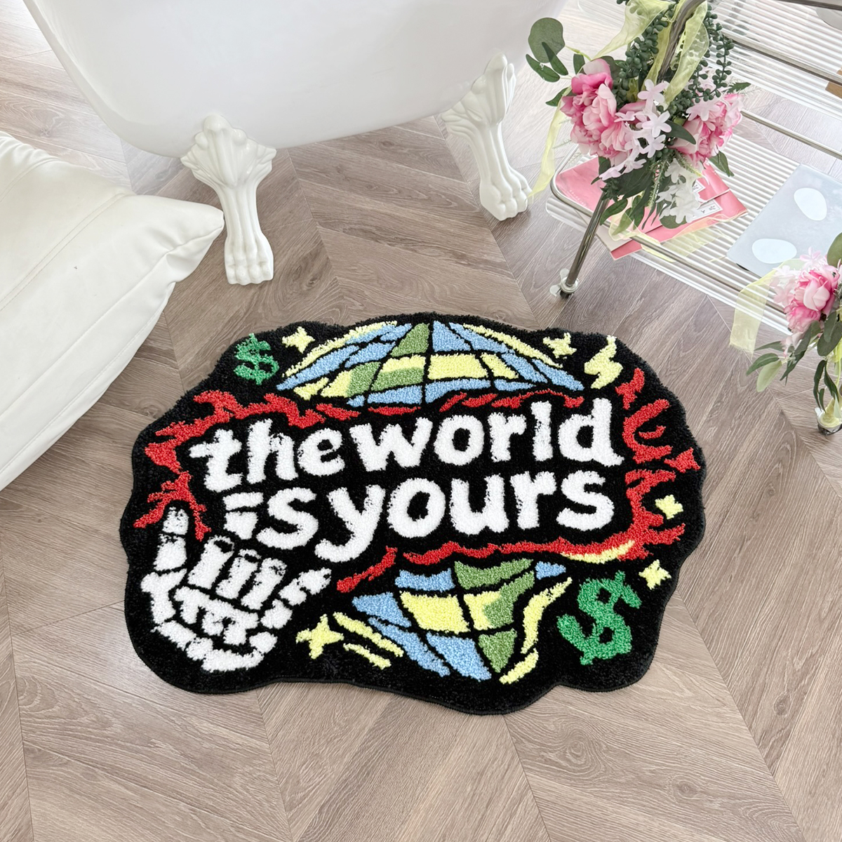 The World Is Yours Tufted Rug, Skull Hand & Globe Dollar Sign Irregular Fluffy Floor Mat, Non Slip Absorbent Doormat for Bedroom Entryway Home Decor