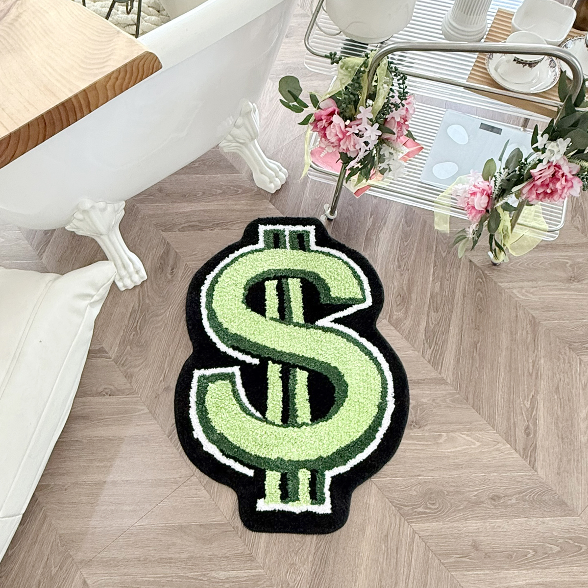 Dollar Sign Shaped Tufted Rug, Green Black Irregular Money Symbol Fluffy Floor Mat, Non Slip Absorbent Doormat for Bedroom Entryway Home Decor