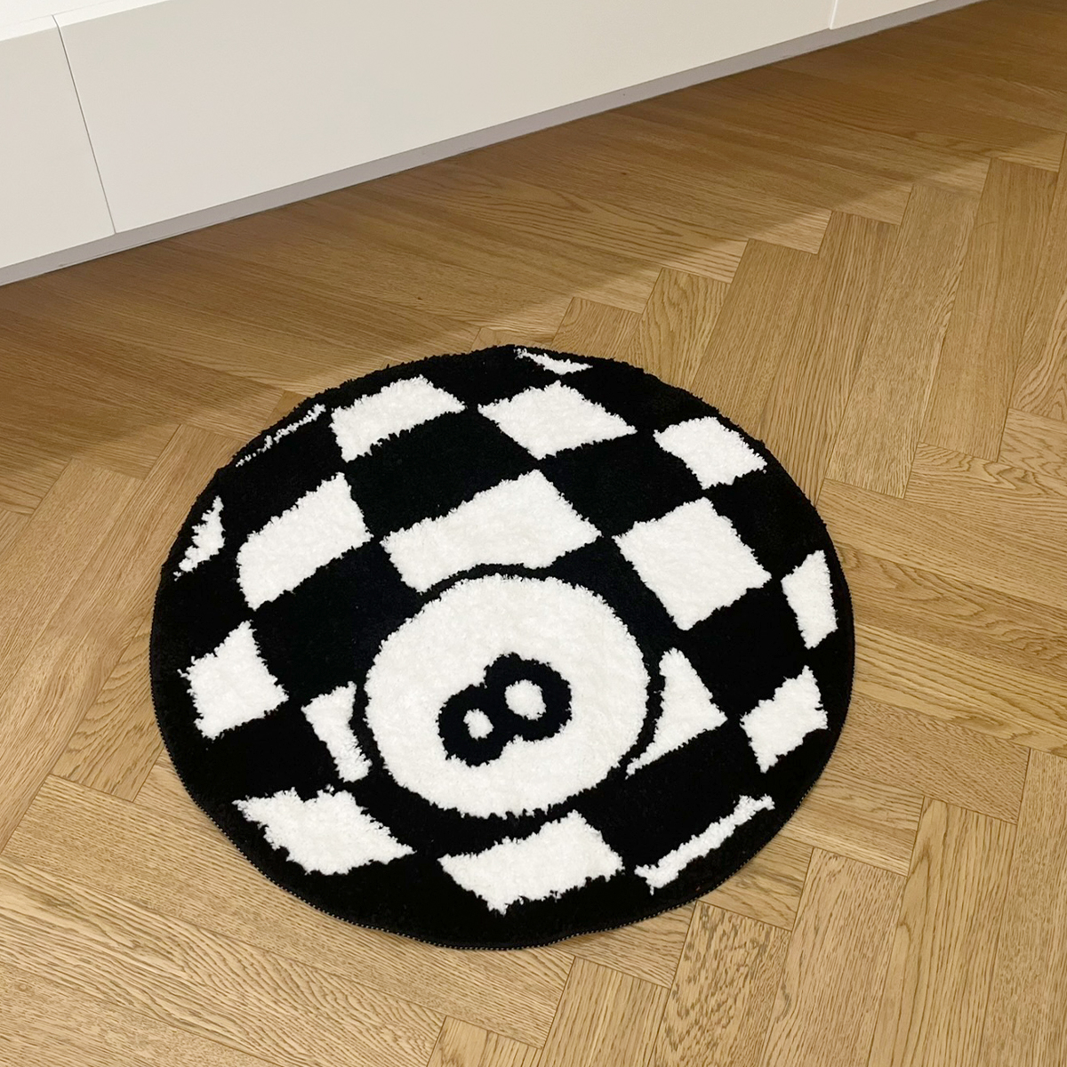 Circular Checkerboard Pattern Tufted Rug No.8 Billiards Mat Korean Style Soft Living Room Carpet Area Floor Pad Doormat Decor