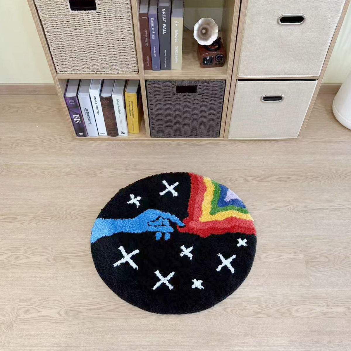 Dreamy Rainbow Star Tufted Rug Finger Small Carpet Flocking Rug Soft Textured Portable Floor Mat for Gifts Antislip Bedside Rug