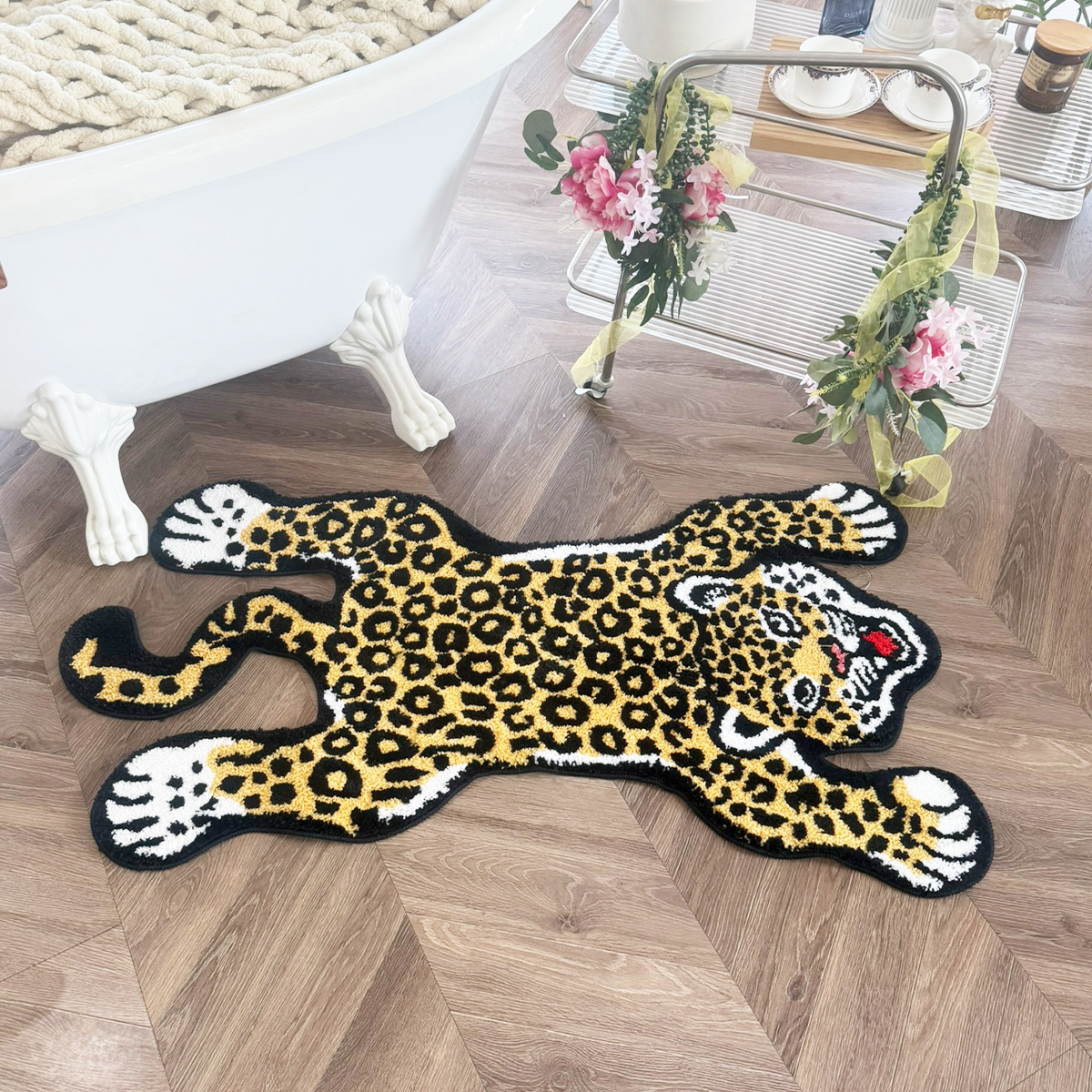 Yellow Leopard Print Tufted Rug | Soft Plush Animal Shaped Floor Mat | Whimsical Home Decor for Bathroom, Bedroom, Kids Room