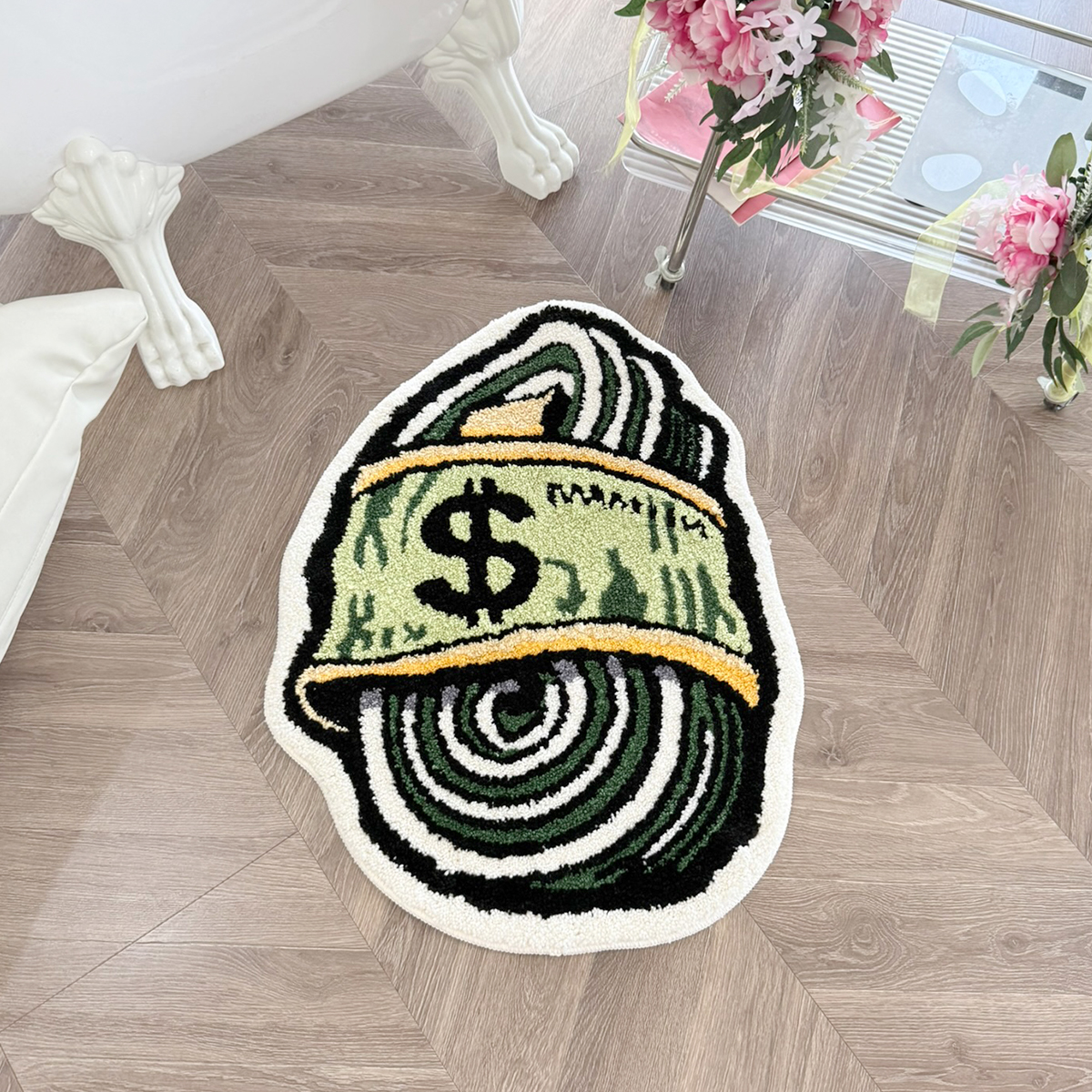 Rolled Dollar Bill Tufted Rug, Spiral Money Sign Irregular Shaped Fluffy Floor Mat, Non Slip Absorbent Doormat for Bedroom Entryway Home Decor
