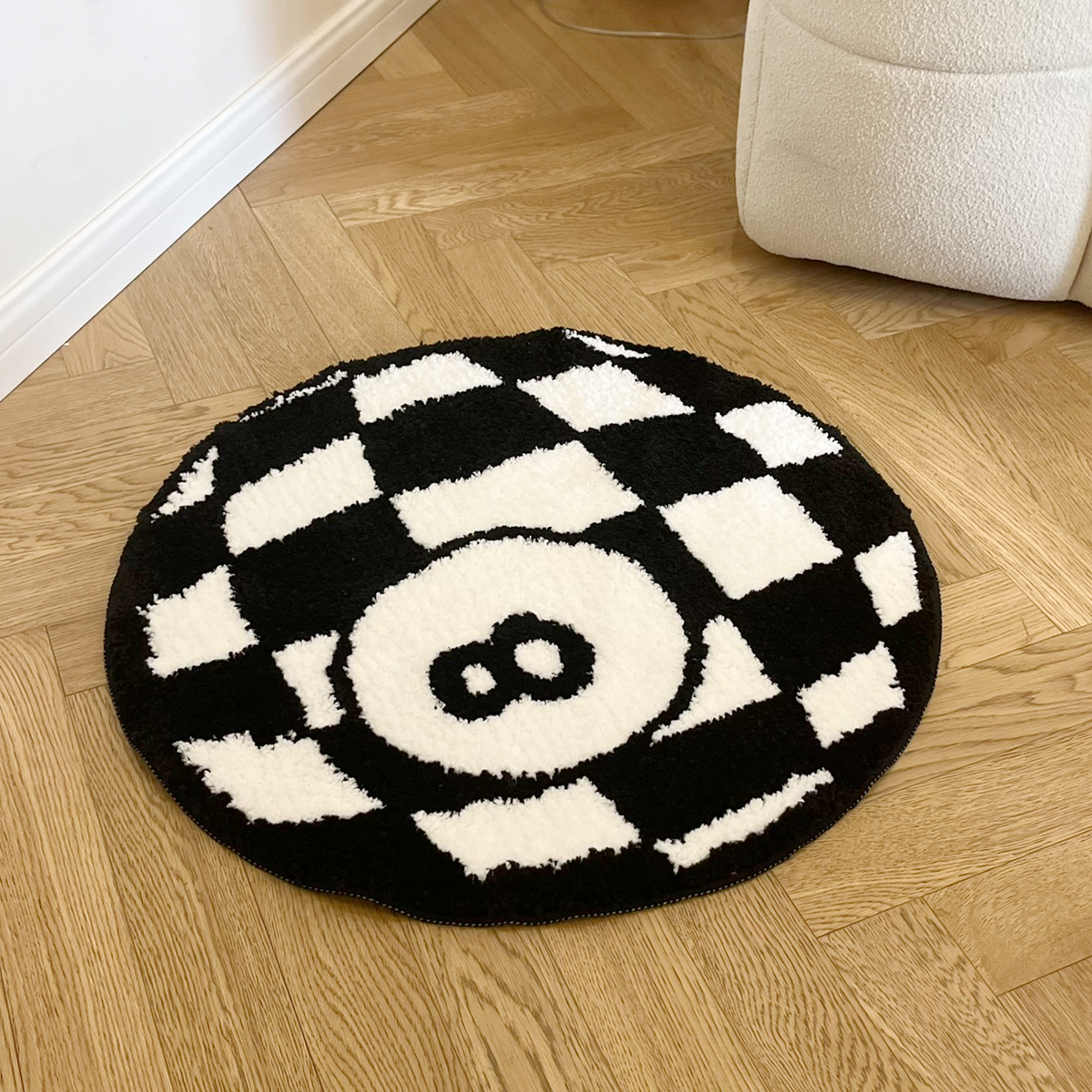 Circular Checkerboard Pattern Tufted Rug No.8 Billiards Mat Korean Style Soft Living Room Carpet Area Floor Pad Doormat Decor