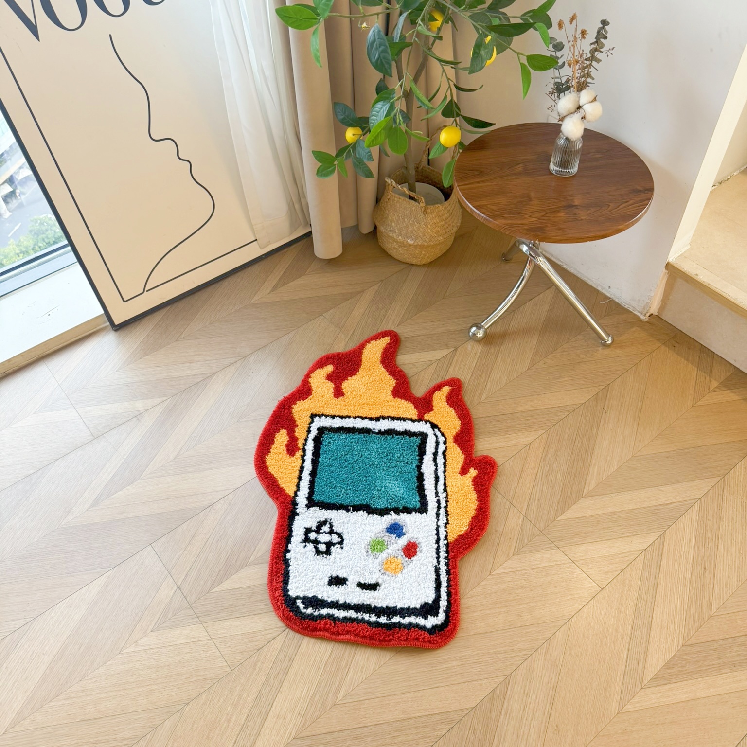 Retro Game Console Flaming Shape Rug - Soft Fluffy Floor Mat for Gamer Bedroom Living Room, Novelty Fire Pattern Home Decor Carpet, Anti-Slip Door Mat 