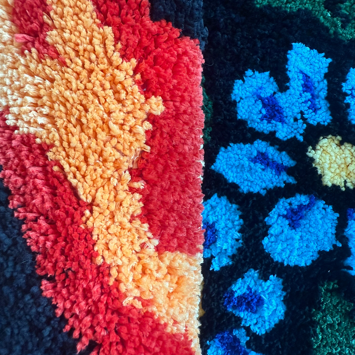 Vibrant 8 Ball Pattern Tufted Rug - Flame & Floral Design Plush Carpet, Perfect for Billiard Lovers & Trendy Spaces.