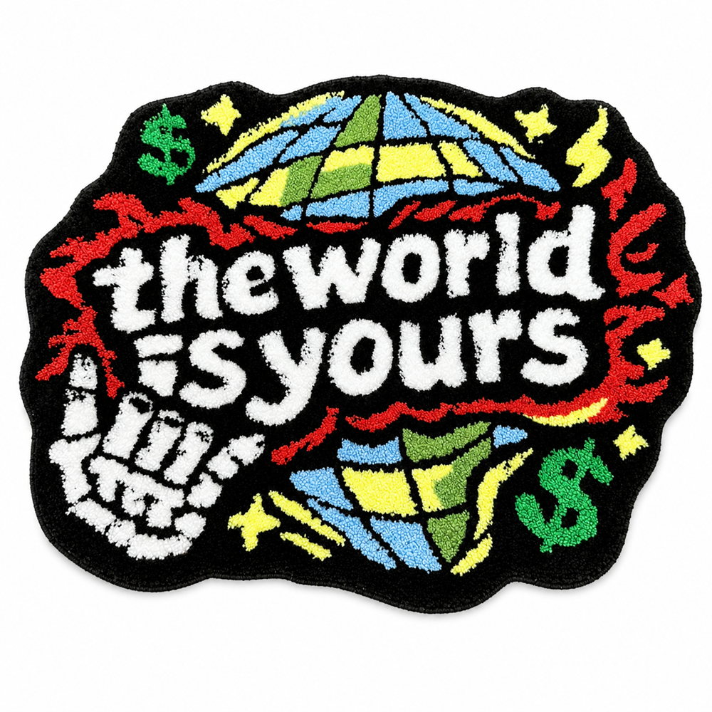 The World Is Yours Tufted Rug, Skull Hand & Globe Dollar Sign Irregular Fluffy Floor Mat, Non Slip Absorbent Doormat for Bedroom Entryway Home Decor