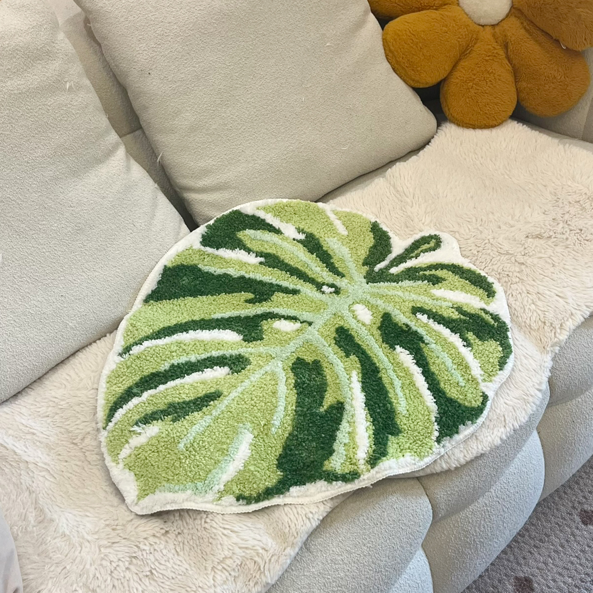Green Leaf Monstera Tufting Rug Flocking Mat Shaggy Rug Bathmat Bathroom Rug Carpet Function Entrance Floor Anti Slip Pad