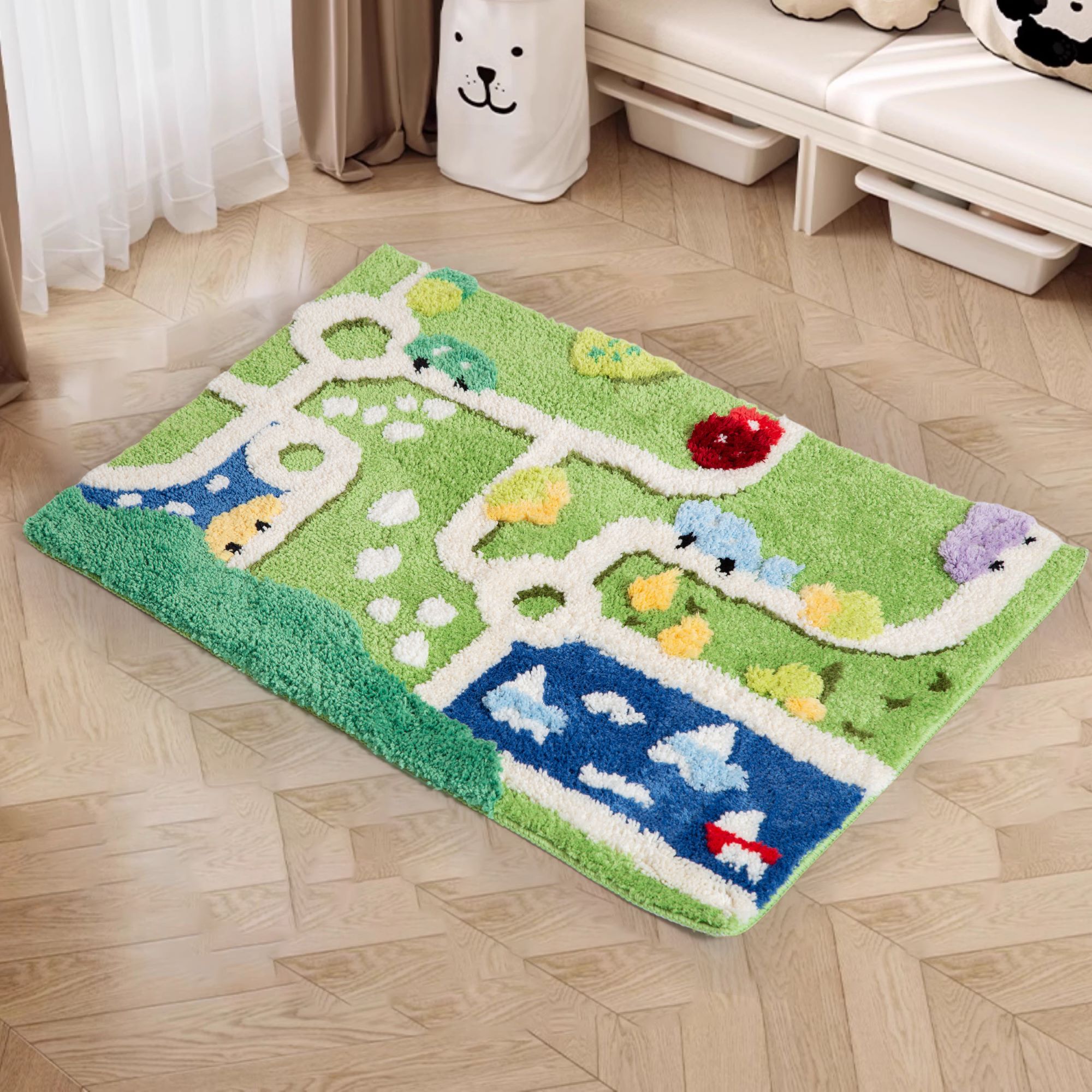 Kids Play Mat Road Map Rug - Colorful Fluffy Floor Mat for Toddler Bedroom Playroom, Interactive Traffic Park Pattern Carpet, Anti-Slip Soft Play Area Mat