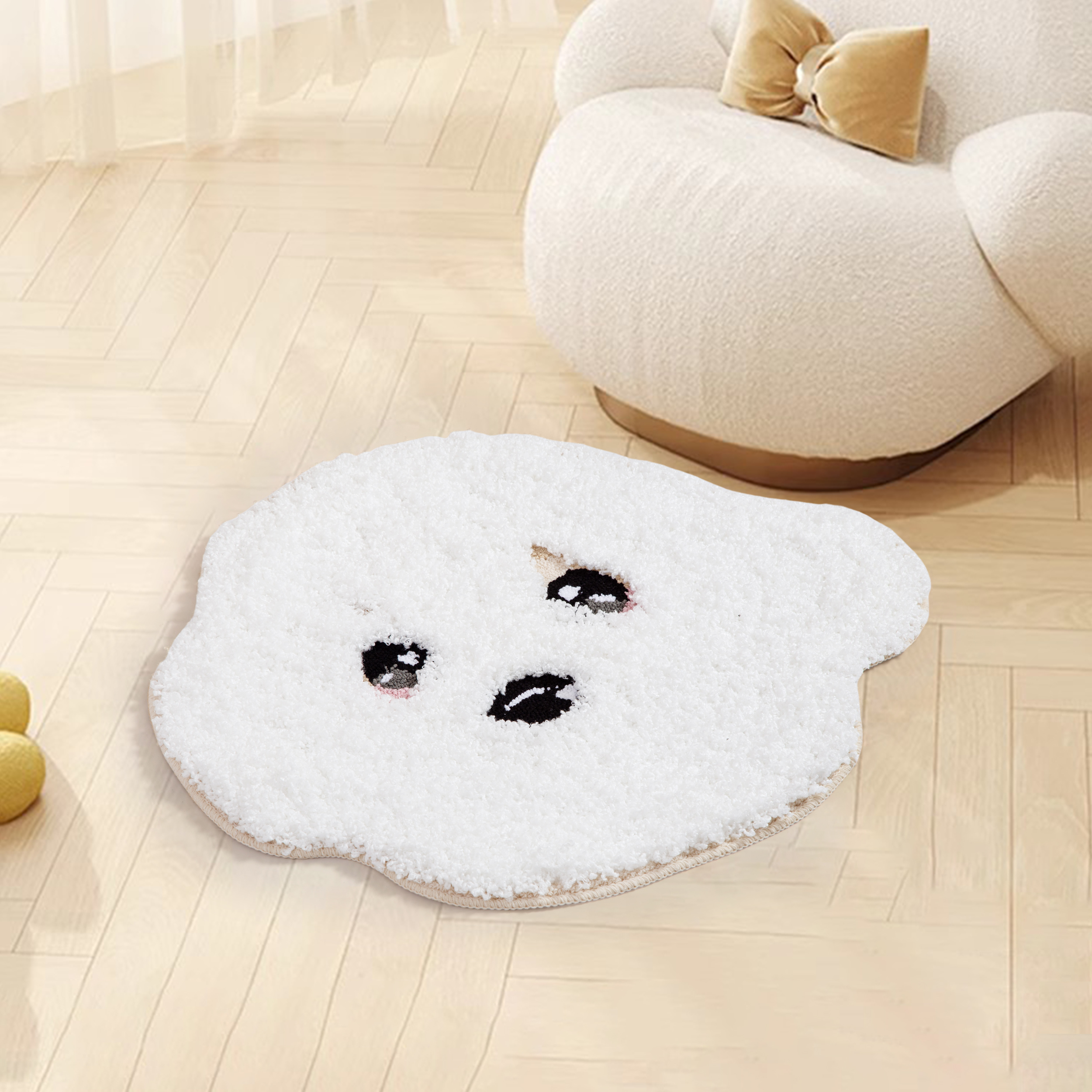 Adorable Teddy Dog Shape Rug (White/Brown) - Soft Fluffy Plush Floor Mat for Kids Bedroom Living Room, Cute Pet Home Decor Carpet, Anti-Slip Door Mat
