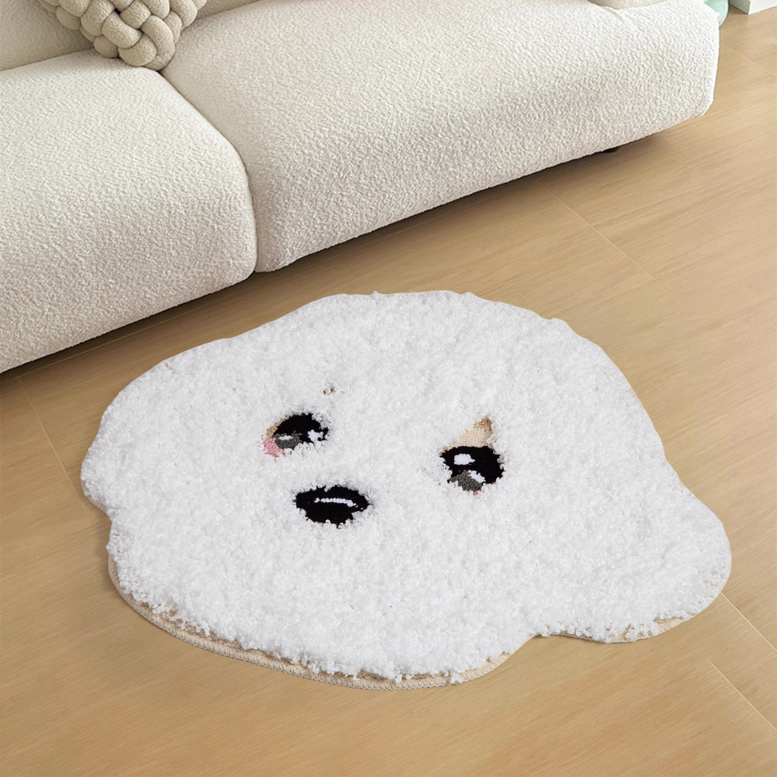 Adorable Teddy Dog Shape Rug (White/Brown) - Soft Fluffy Plush Floor Mat for Kids Bedroom Living Room, Cute Pet Home Decor Carpet, Anti-Slip Door Mat
