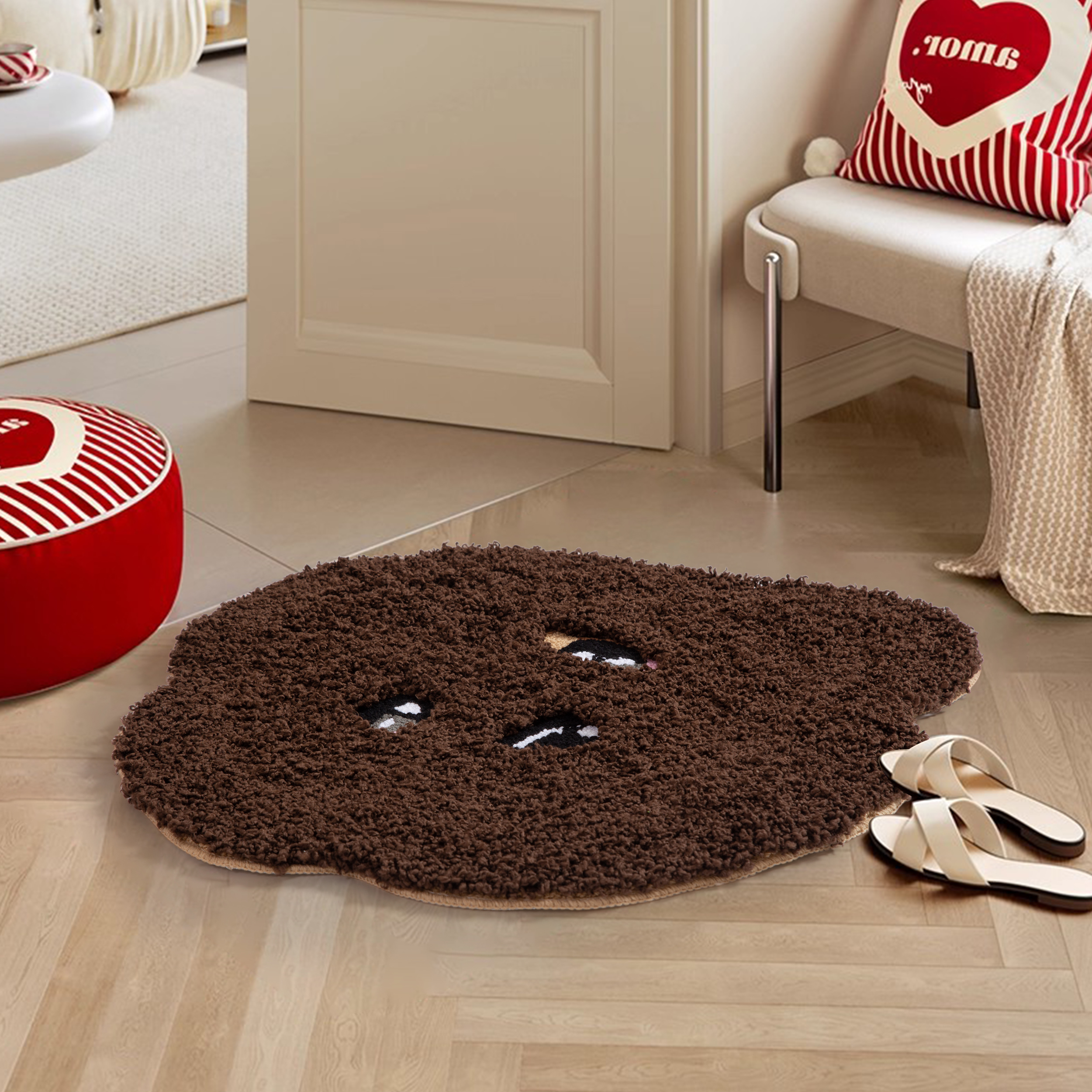 Adorable Teddy Dog Shape Rug (White/Brown) - Soft Fluffy Plush Floor Mat for Kids Bedroom Living Room, Cute Pet Home Decor Carpet, Anti-Slip Door Mat
