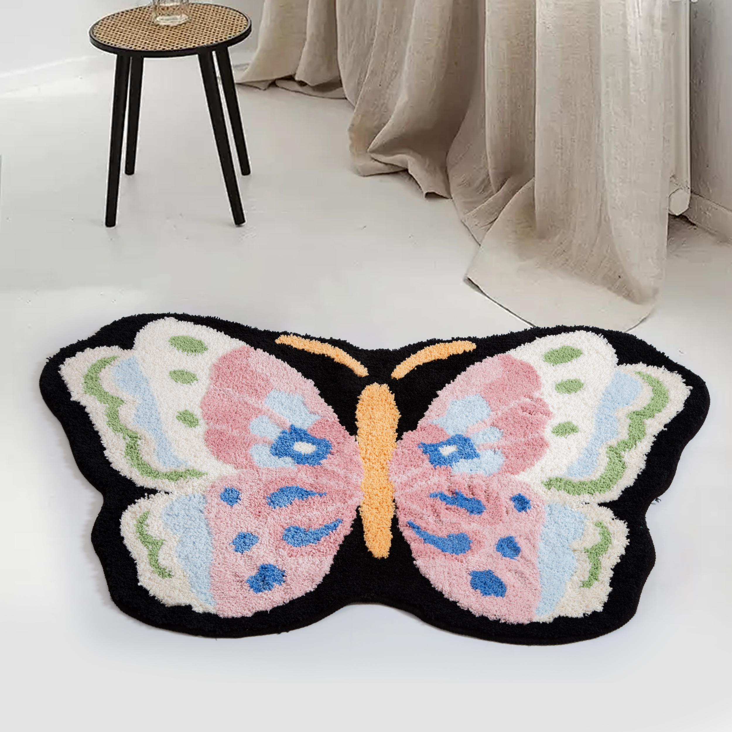 Colorful Butterfly Shape Rug - Soft Fluffy Plush Floor Mat for Girls Bedroom Living Room, Cute Floral Pattern Home Decor Carpet, Anti-Slip Door Mat 