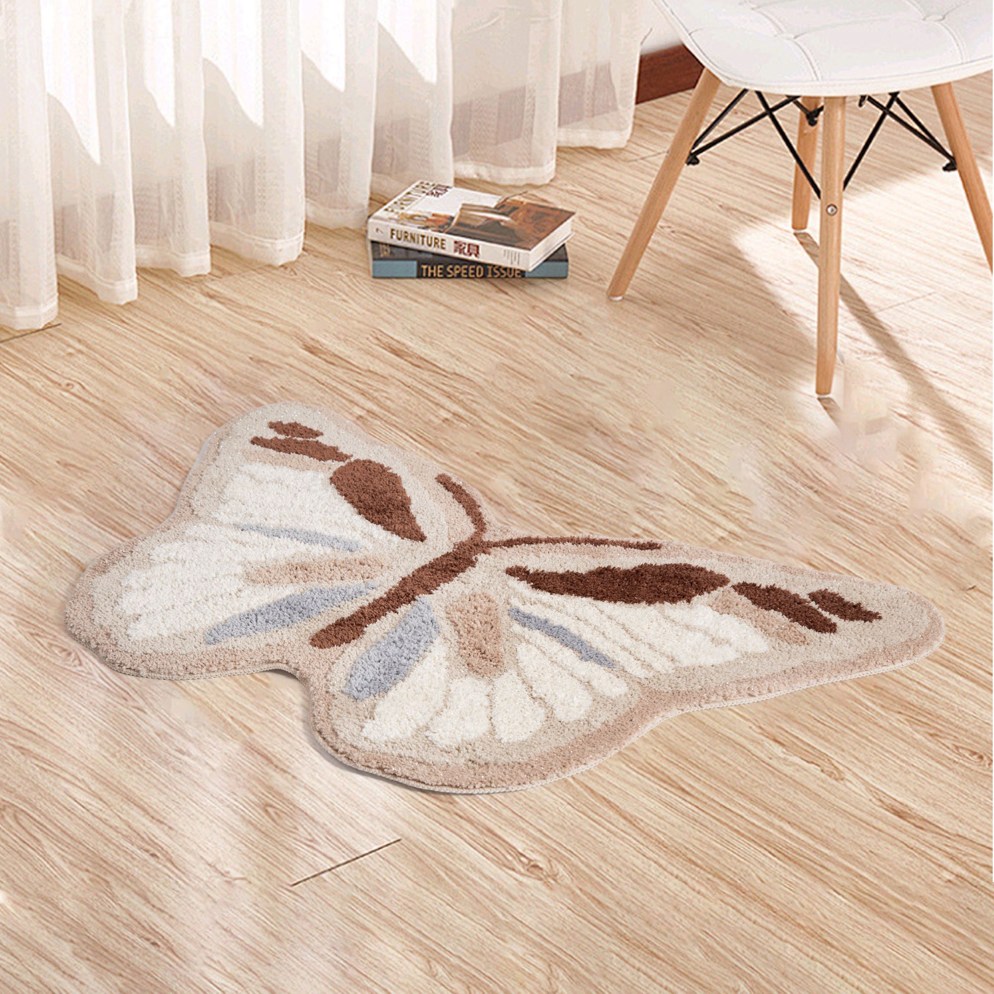 Neutral Tone Butterfly Shape Rug - Soft Fluffy Plush Floor Mat for Bedroom Living Room, Minimalist Home Decor Carpet, Anti-Slip Door Mat