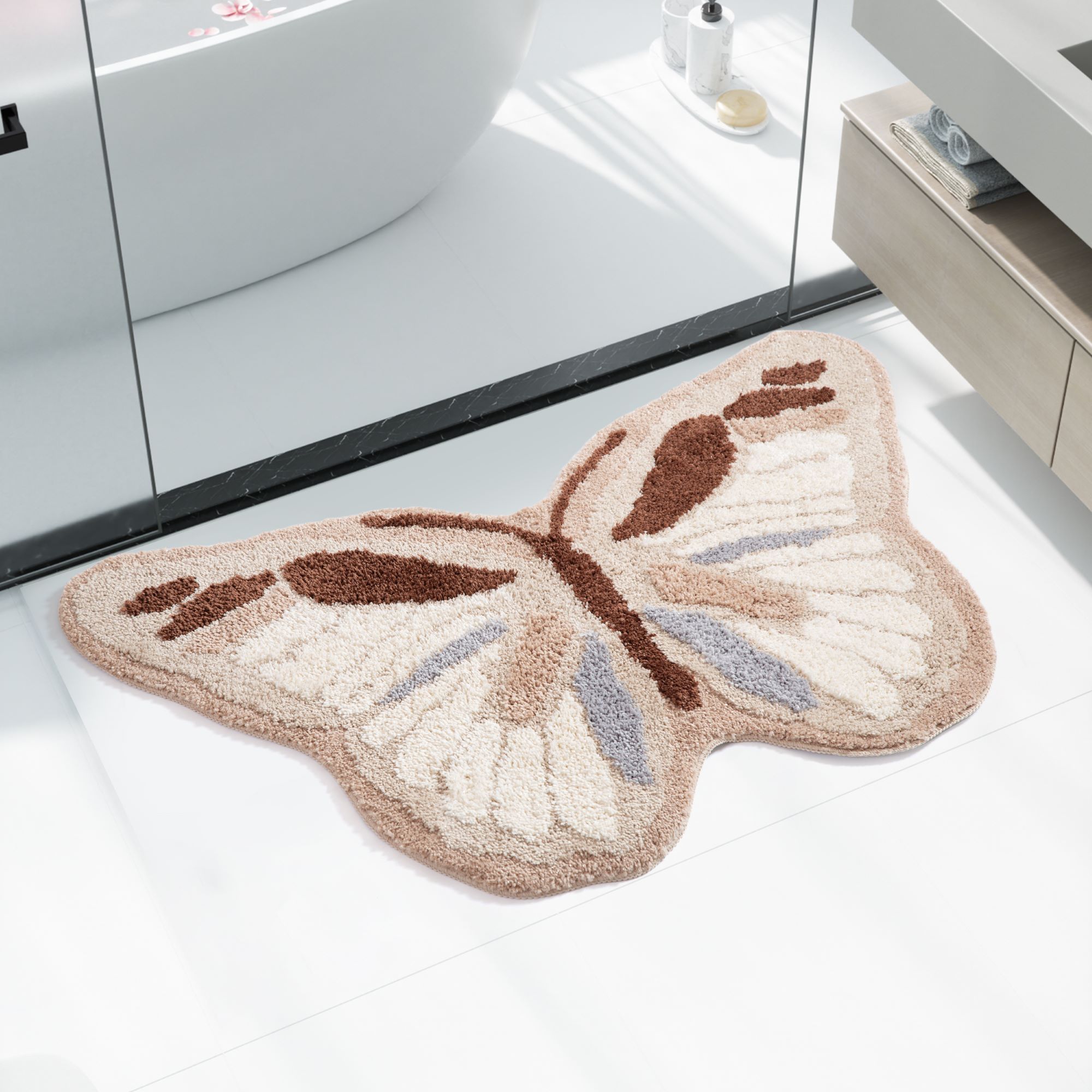 Neutral Tone Butterfly Shape Rug - Soft Fluffy Plush Floor Mat for Bedroom Living Room, Minimalist Home Decor Carpet, Anti-Slip Door Mat