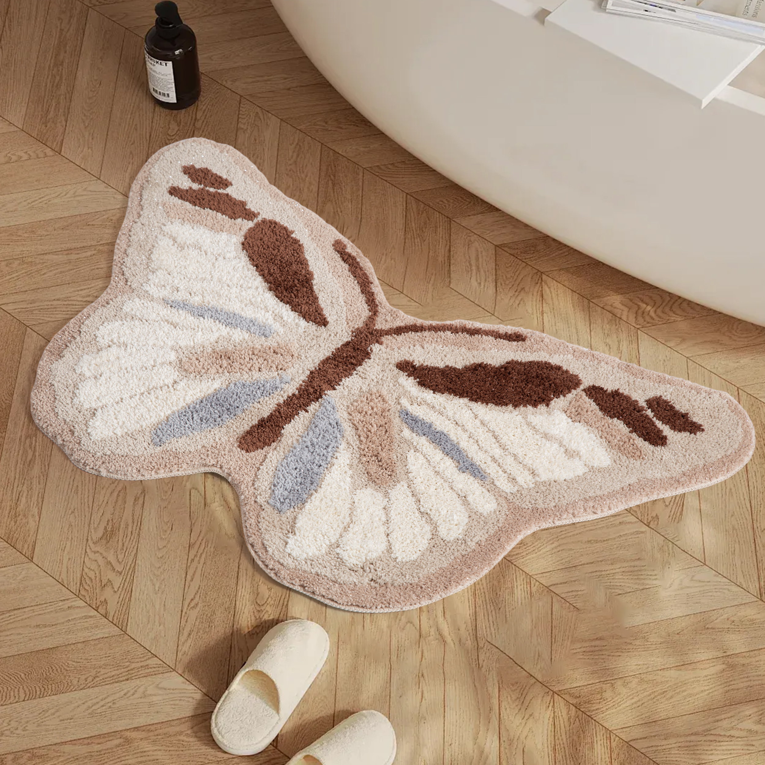 Neutral Tone Butterfly Shape Rug - Soft Fluffy Plush Floor Mat for Bedroom Living Room, Minimalist Home Decor Carpet, Anti-Slip Door Mat