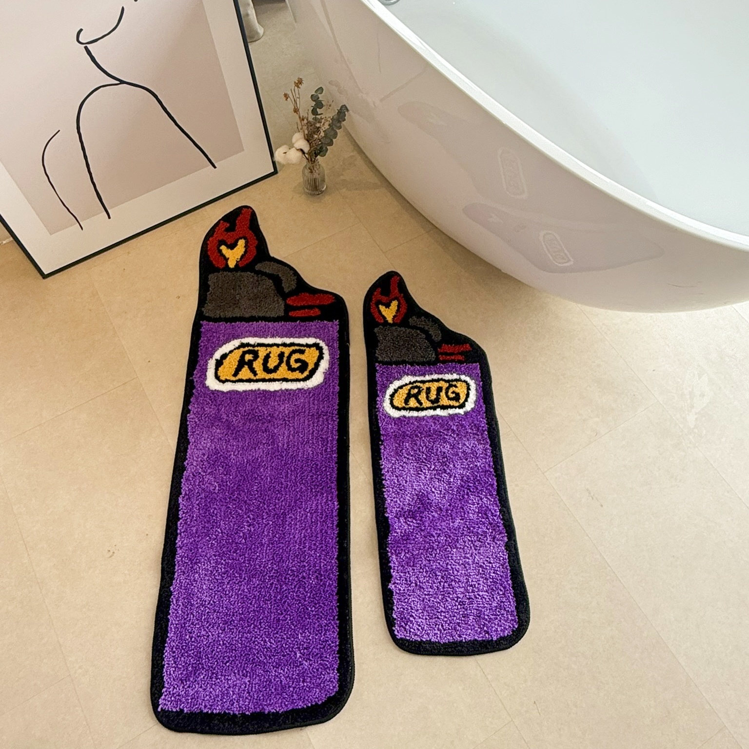 Purple Lighter Shaped Tufted Rug Set, "RUG" Letter & Heart Flame Design Plush Floor Mat, Anti-Slip Irregular Carpet for Street Style Bedroom & Dorm Decor