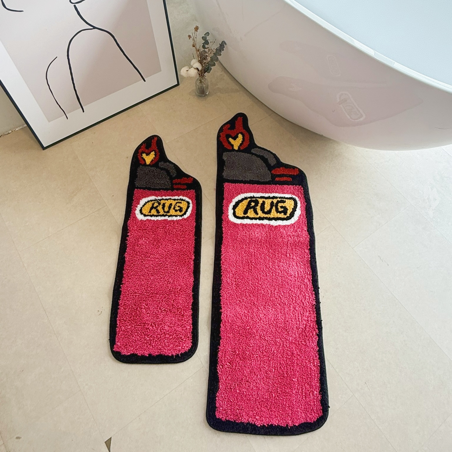 Pink Lighter Shaped Tufted Rug Set, "RUG" Letter & Heart Flame Design Plush Floor Mat, Anti-Slip Irregular Carpet for Street Style Bedroom & Dorm Decor