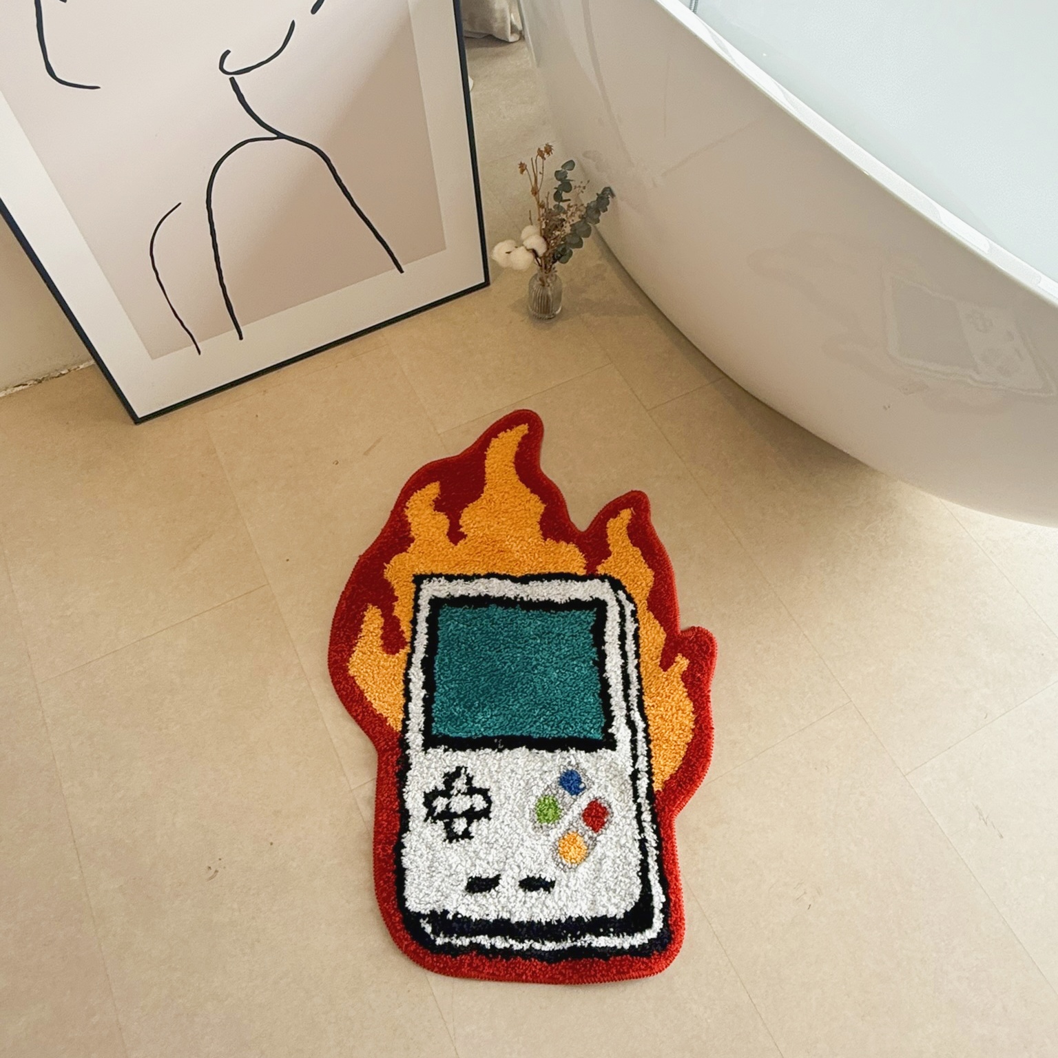 Retro Game Console Flaming Shape Rug - Soft Fluffy Floor Mat for Gamer Bedroom Living Room, Novelty Fire Pattern Home Decor Carpet, Anti-Slip Door Mat 