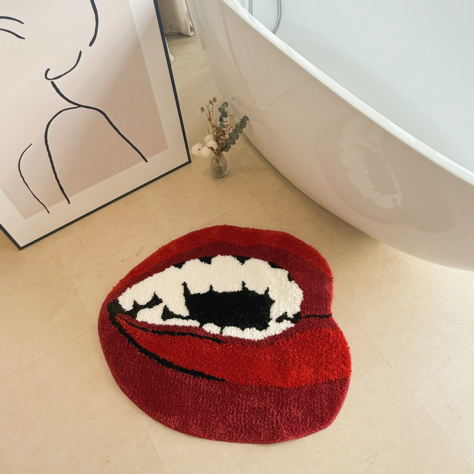 Trendy Bold Red Lips Shape Rug - Soft Fluffy Floor Mat for Bedroom Living Room, Funny Novelty Home Decor Carpet, Anti-Slip Door Mat 