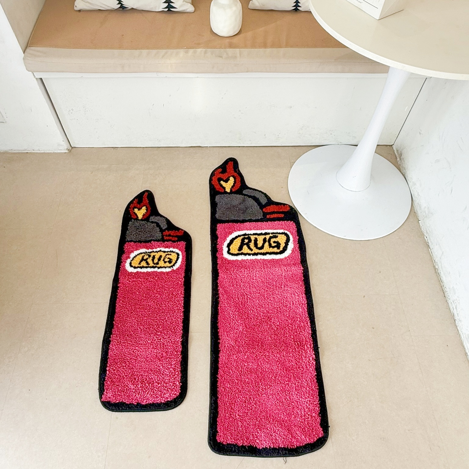 Pink Lighter Shaped Tufted Rug Set, "RUG" Letter & Heart Flame Design Plush Floor Mat, Anti-Slip Irregular Carpet for Street Style Bedroom & Dorm Decor