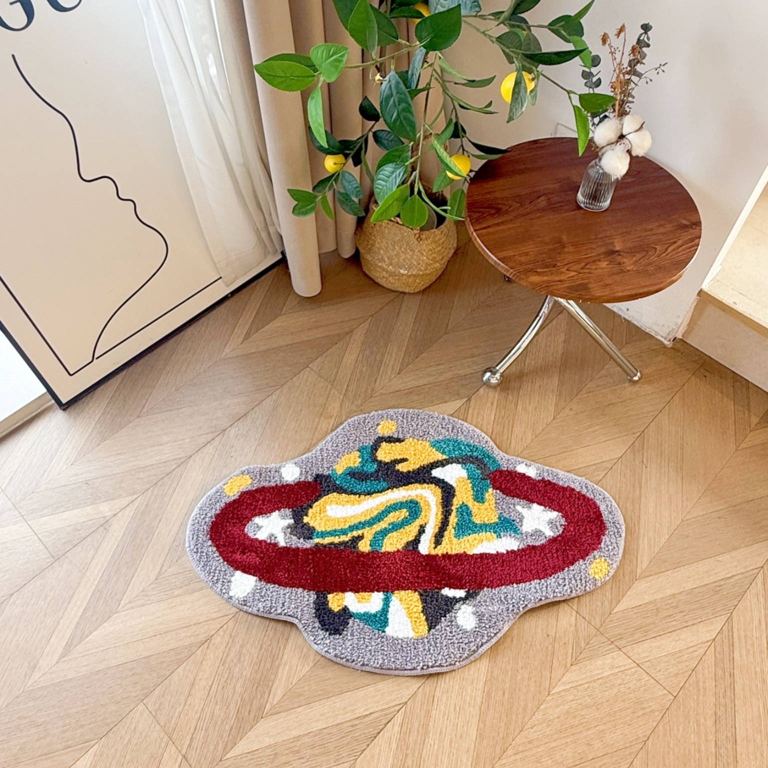 Vibrant Space Planet Shape Rug - Fluffy Starry Sky Floor Mat for Kids Bedroom Living Room, Creative Celestial Home Decor Carpet, Anti-Slip Door Mat 