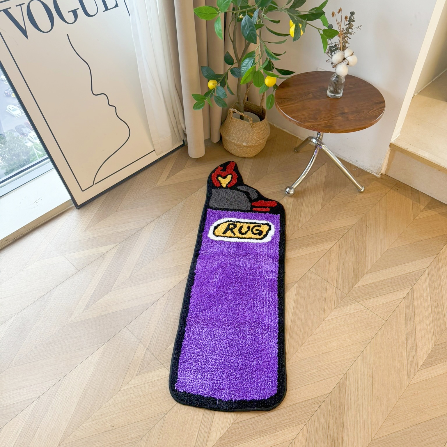 Purple Lighter Shaped Tufted Rug Set, "RUG" Letter & Heart Flame Design Plush Floor Mat, Anti-Slip Irregular Carpet for Street Style Bedroom & Dorm Decor