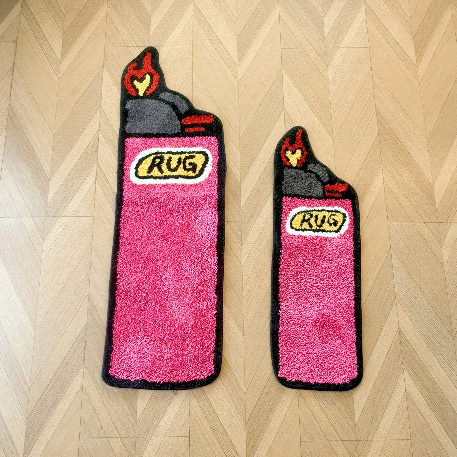 Pink Lighter Shaped Tufted Rug Set, "RUG" Letter & Heart Flame Design Plush Floor Mat, Anti-Slip Irregular Carpet for Street Style Bedroom & Dorm Decor