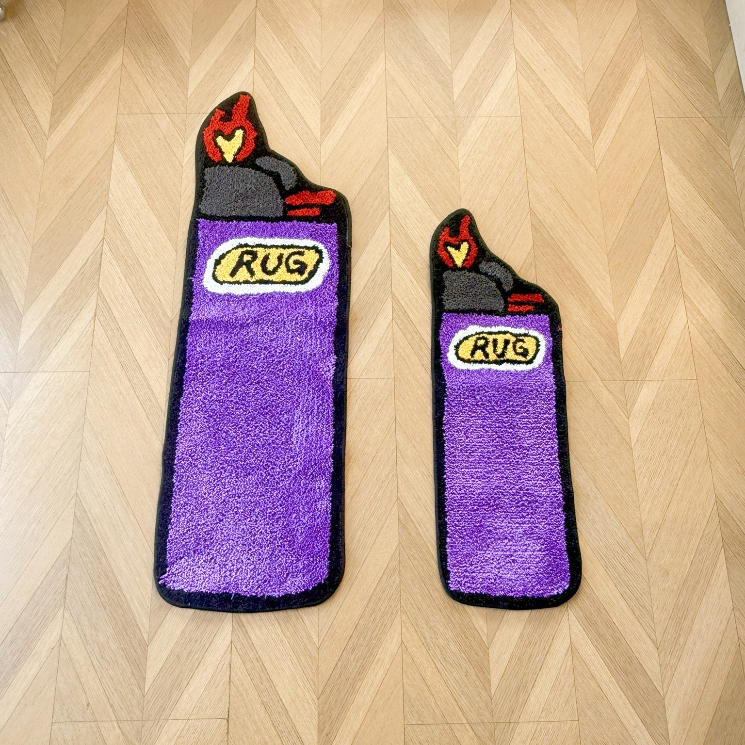 Purple Lighter Shaped Tufted Rug Set, "RUG" Letter & Heart Flame Design Plush Floor Mat, Anti-Slip Irregular Carpet for Street Style Bedroom & Dorm Decor
