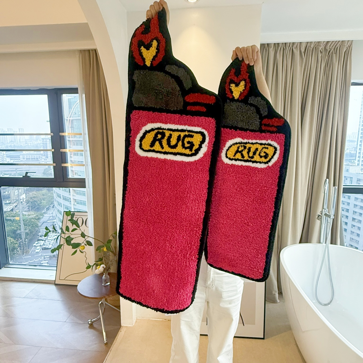 Pink Lighter Shaped Tufted Rug Set, "RUG" Letter & Heart Flame Design Plush Floor Mat, Anti-Slip Irregular Carpet for Street Style Bedroom & Dorm Decor