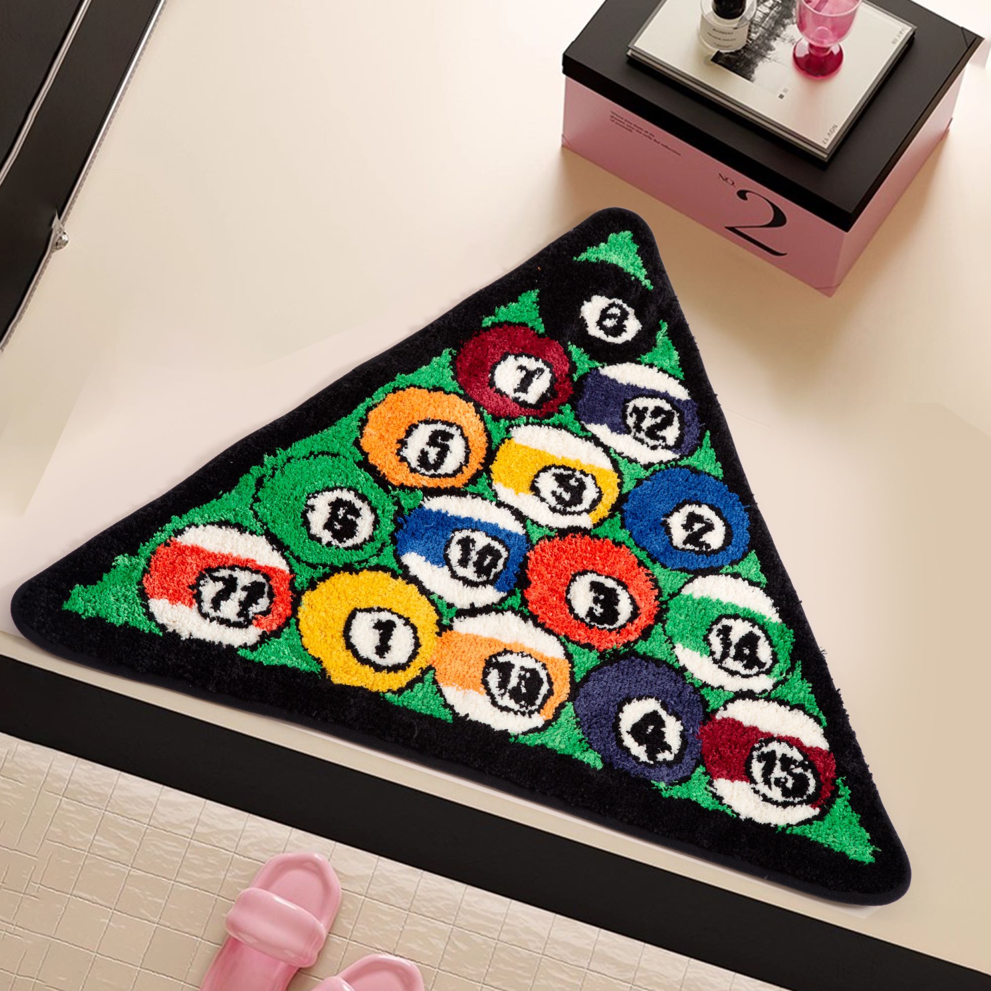 Billiards Triangle Tufted Rug, Colorful Pool Ball Pattern Plush Floor Mat, Anti-Slip Triangle Carpet for Game Room, Man Cave & Billiards Lover Decor