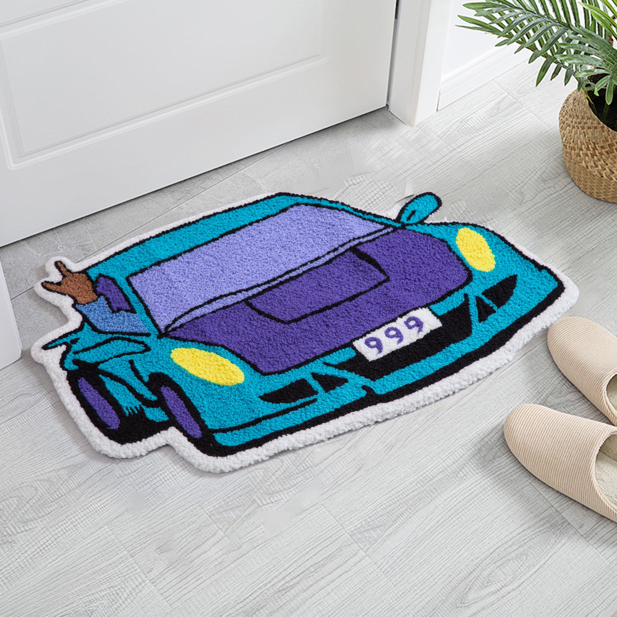 Funky 999 Sports Car Tufted Floor Rug, Chunky Plush Cartoon Car Mat with Peace Hand, Anti-Skid Cool Decor for Automotive Fans & Modern Home Decoration