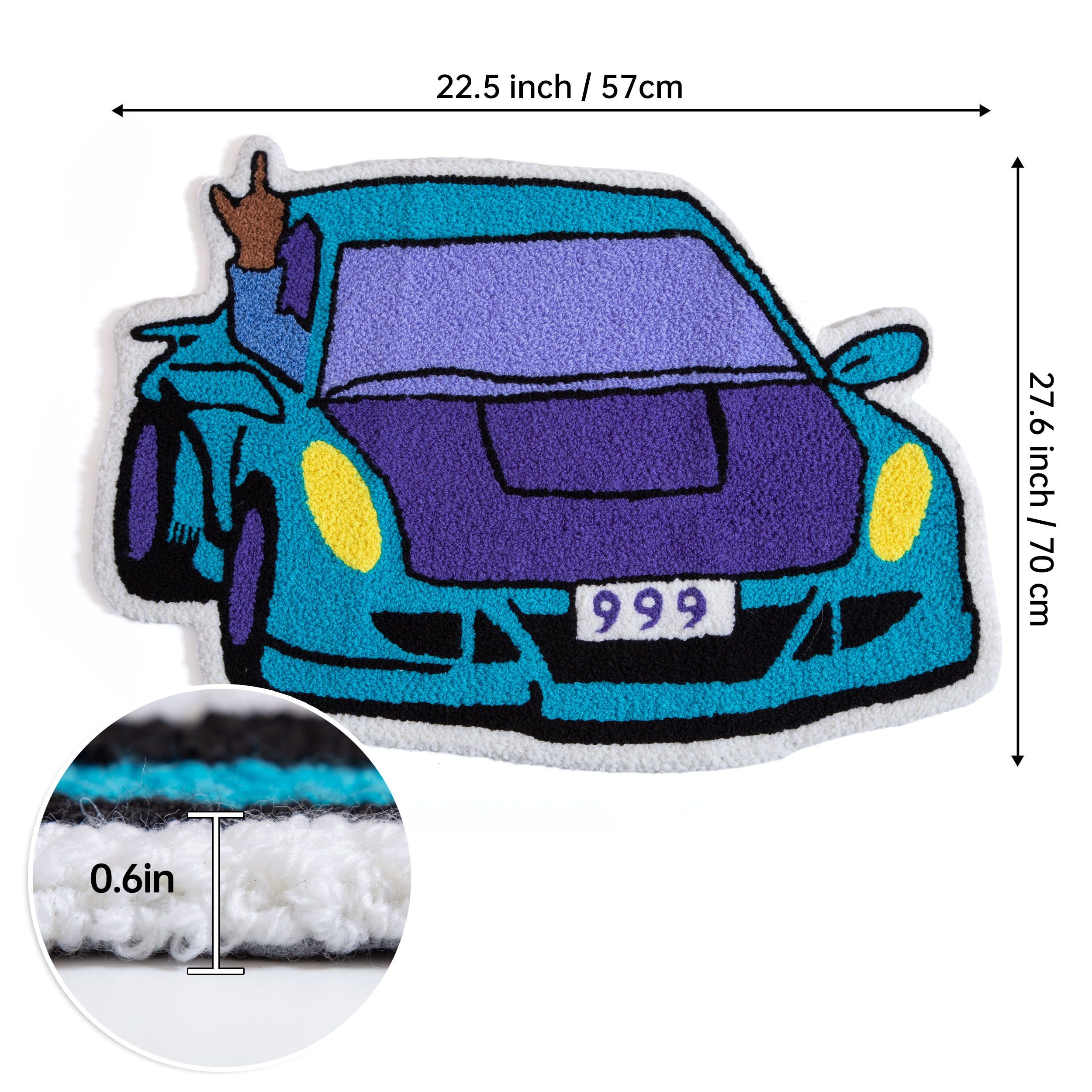 Funky 999 Sports Car Tufted Floor Rug, Chunky Plush Cartoon Car Mat with Peace Hand, Anti-Skid Cool Decor for Automotive Fans & Modern Home Decoration