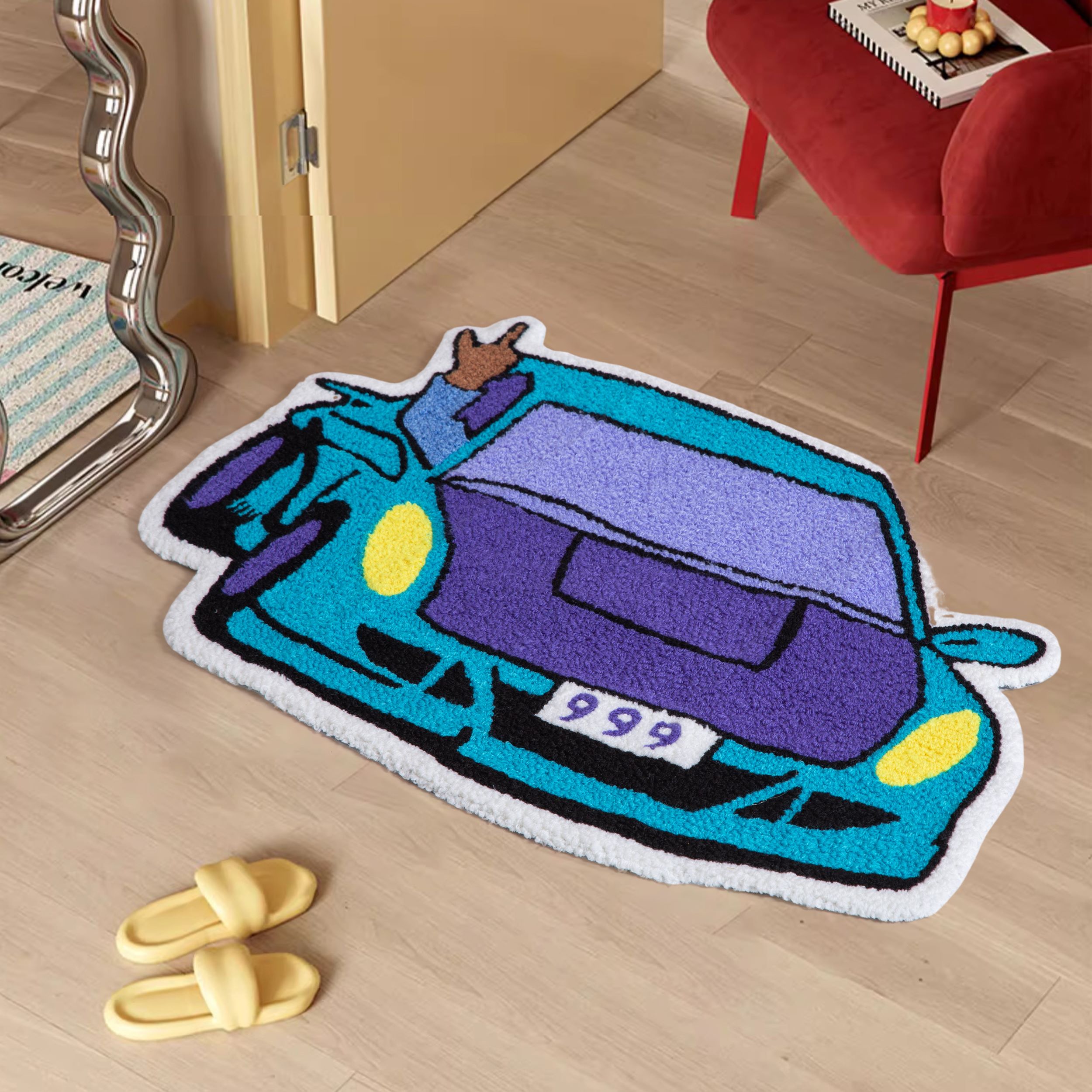 Funky 999 Sports Car Tufted Floor Rug, Chunky Plush Cartoon Car Mat with Peace Hand, Anti-Skid Cool Decor for Automotive Fans & Modern Home Decoration