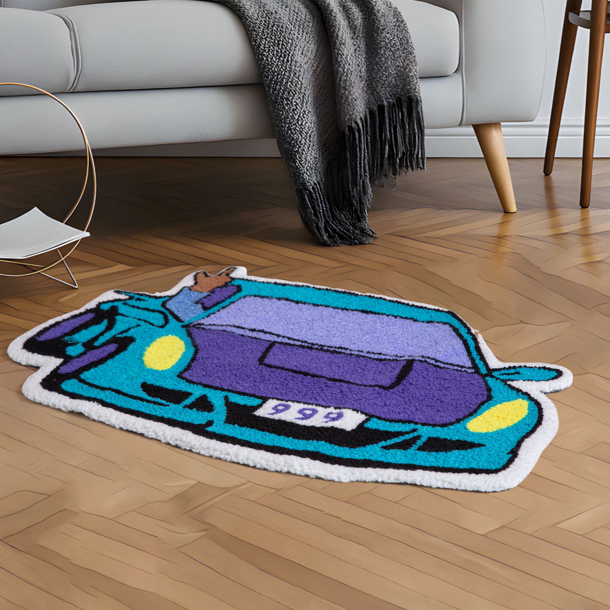Funky 999 Sports Car Tufted Floor Rug, Chunky Plush Cartoon Car Mat with Peace Hand, Anti-Skid Cool Decor for Automotive Fans & Modern Home Decoration