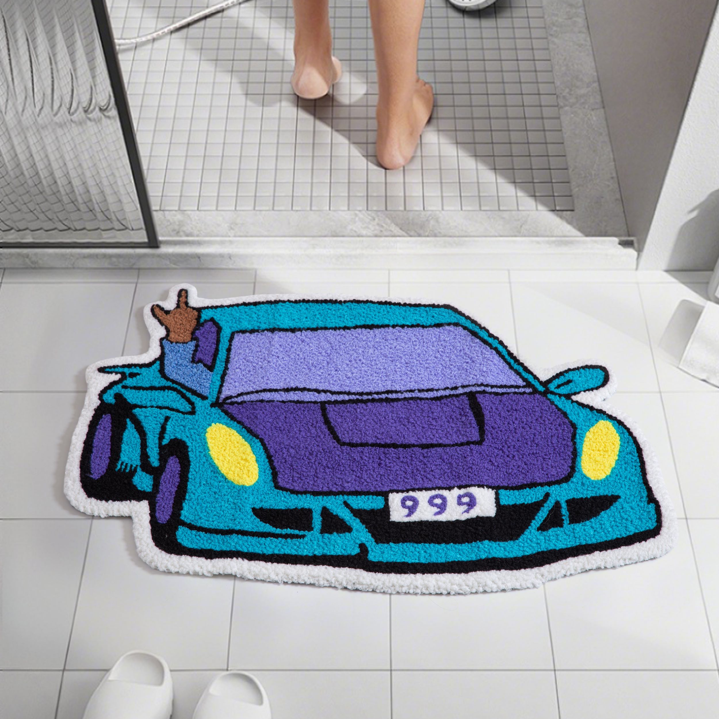 Funky 999 Sports Car Tufted Floor Rug, Chunky Plush Cartoon Car Mat with Peace Hand, Anti-Skid Cool Decor for Automotive Fans & Modern Home Decoration