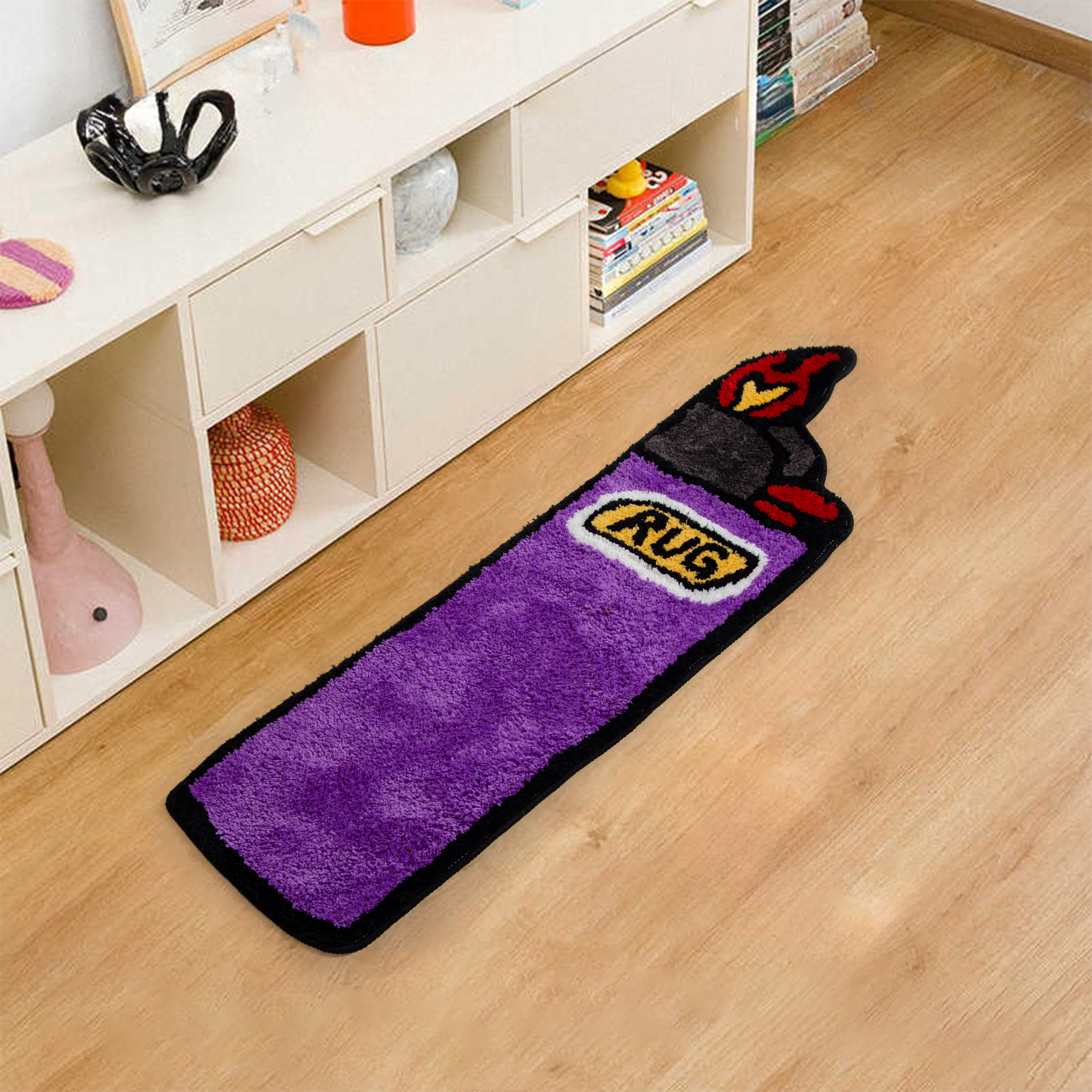 Lighter Shaped Fluffy Rug - Purple Flame Pattern Plush Carpet, Fun Novelty "RUG" Printed Floor Mat, Soft Non-Slip Washable Home Decor for Bedroom, Living Room, Entryway, Unique Cartoon Cluster Rug