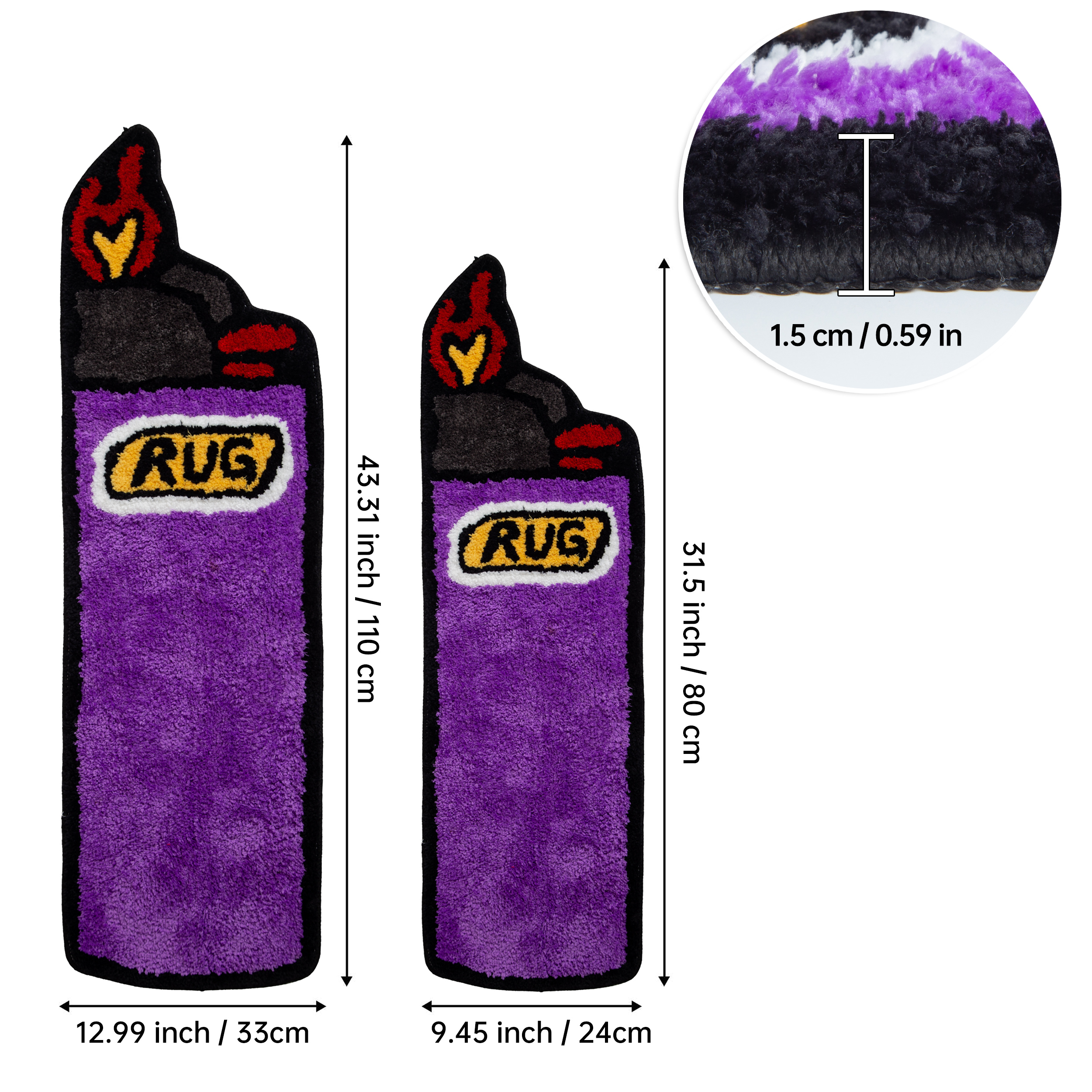 Lighter Shaped Fluffy Rug - Purple Flame Pattern Plush Carpet, Fun Novelty "RUG" Printed Floor Mat, Soft Non-Slip Washable Home Decor for Bedroom, Living Room, Entryway, Unique Cartoon Cluster Rug