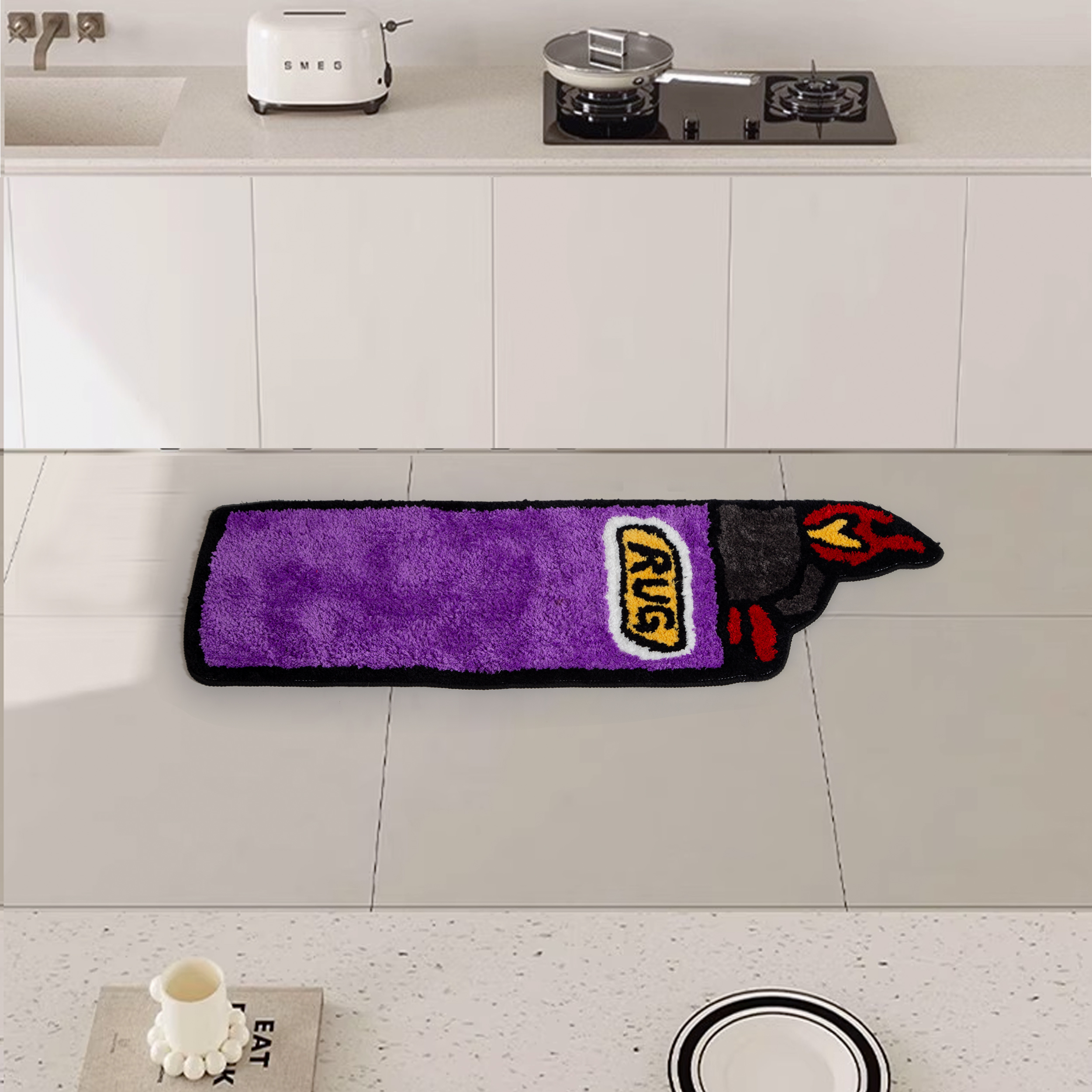 Lighter Shaped Fluffy Rug - Purple Flame Pattern Plush Carpet, Fun Novelty "RUG" Printed Floor Mat, Soft Non-Slip Washable Home Decor for Bedroom, Living Room, Entryway, Unique Cartoon Cluster Rug