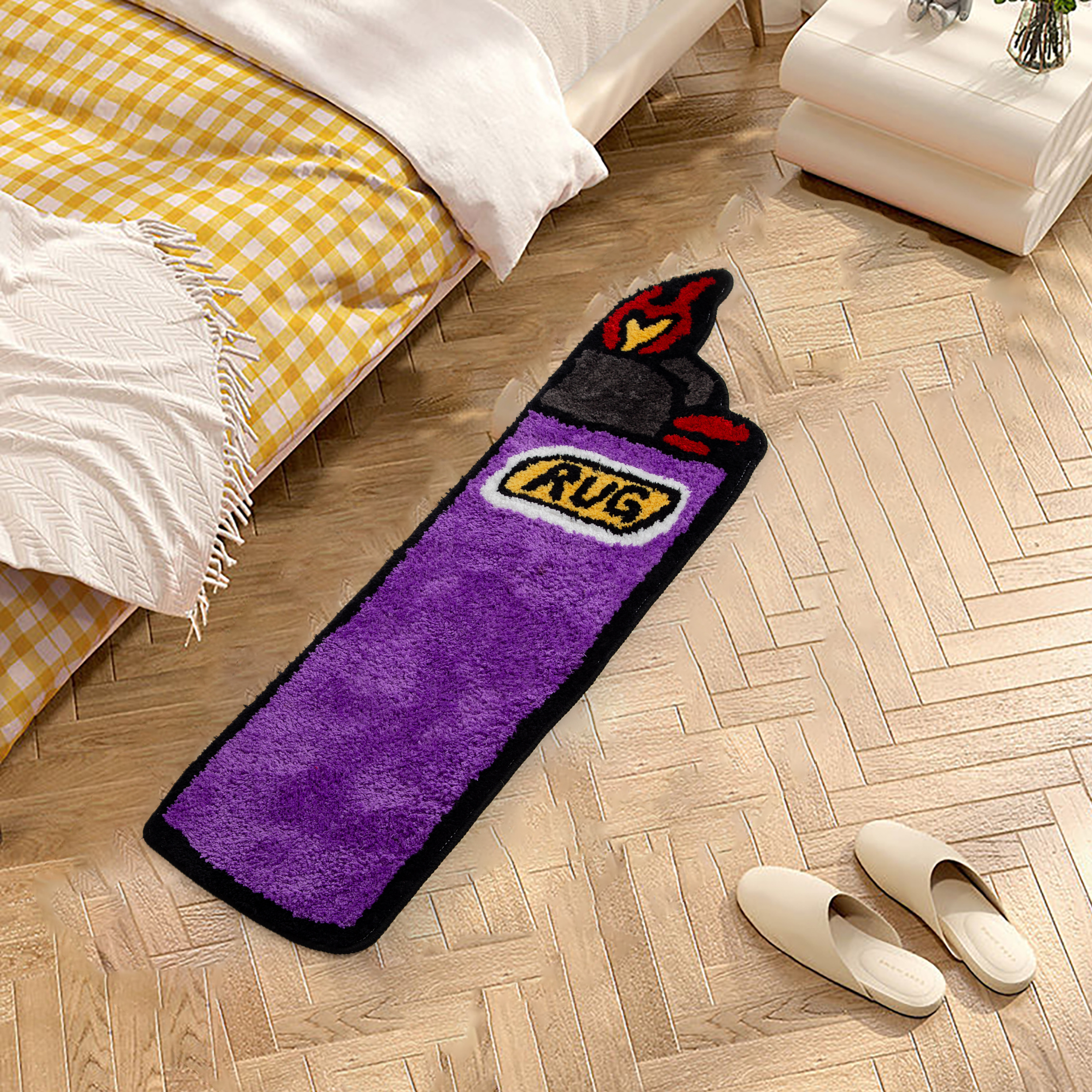 Lighter Shaped Fluffy Rug - Purple Flame Pattern Plush Carpet, Fun Novelty "RUG" Printed Floor Mat, Soft Non-Slip Washable Home Decor for Bedroom, Living Room, Entryway, Unique Cartoon Cluster Rug