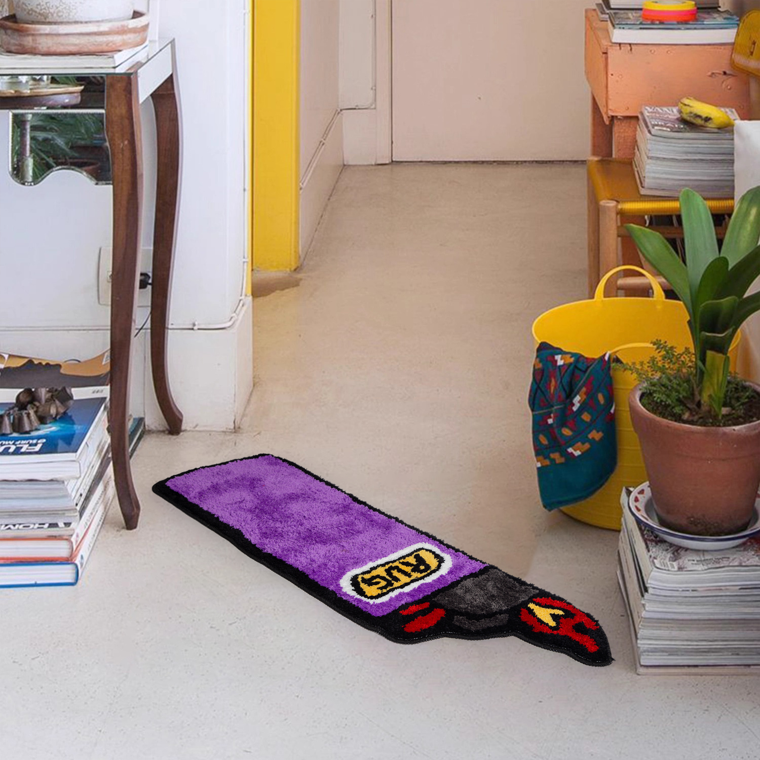 Lighter Shaped Fluffy Rug - Purple Flame Pattern Plush Carpet, Fun Novelty "RUG" Printed Floor Mat, Soft Non-Slip Washable Home Decor for Bedroom, Living Room, Entryway, Unique Cartoon Cluster Rug