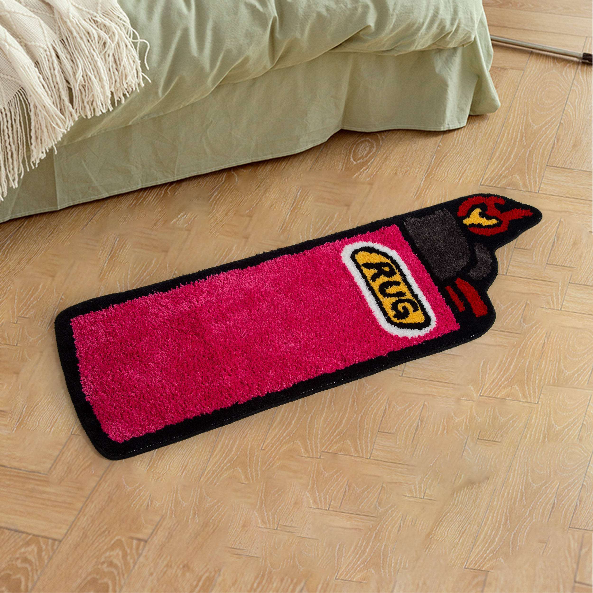 Red Lighter Shaped Fluffy Rug - Novelty "RUG" Printed Plush Carpet, Fun Flame Pattern Soft Floor Mat, Non-Slip Washable Home Decor for Bedroom, Living Room, Entryway, Unique Cartoon Cluster Rug