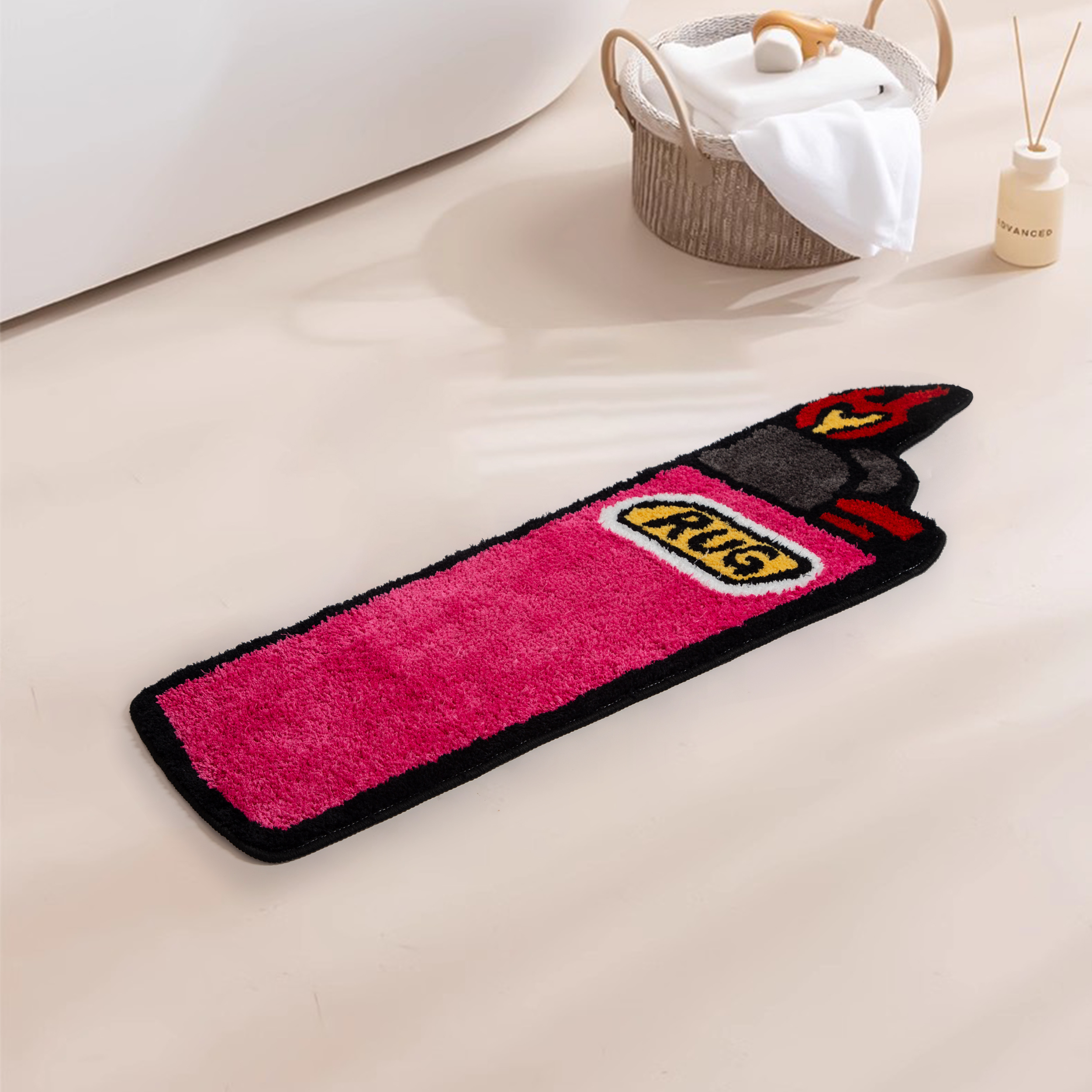 Red Lighter Shaped Fluffy Rug - Novelty "RUG" Printed Plush Carpet, Fun Flame Pattern Soft Floor Mat, Non-Slip Washable Home Decor for Bedroom, Living Room, Entryway, Unique Cartoon Cluster Rug