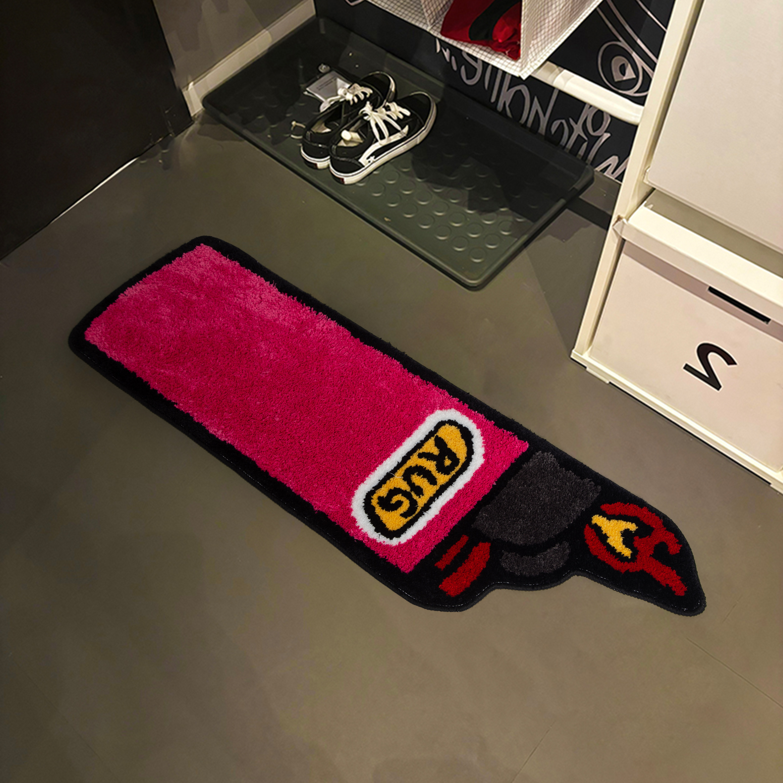 Red Lighter Shaped Fluffy Rug - Novelty "RUG" Printed Plush Carpet, Fun Flame Pattern Soft Floor Mat, Non-Slip Washable Home Decor for Bedroom, Living Room, Entryway, Unique Cartoon Cluster Rug