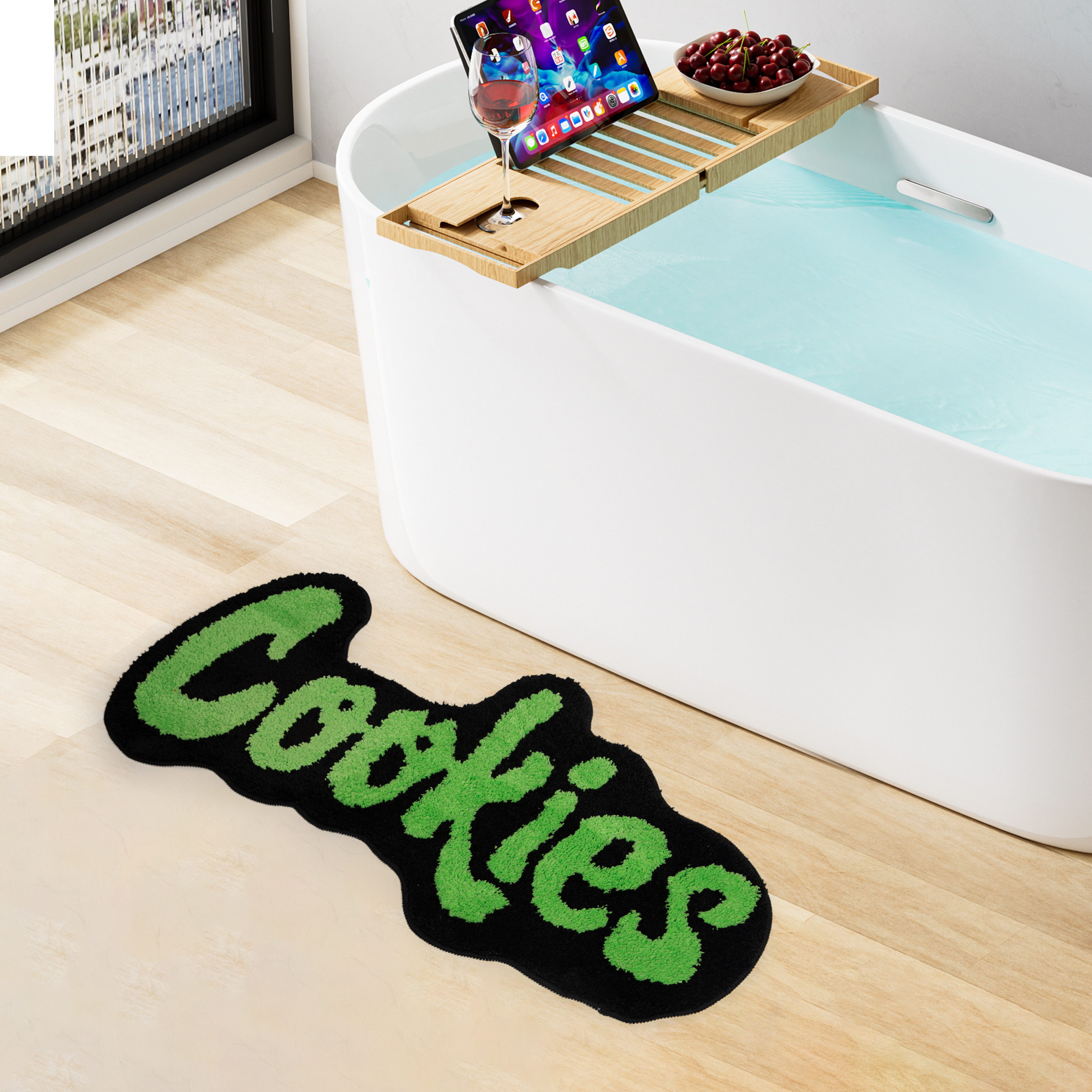 "Cookies" Letter Tufted Rug, Graffiti Font Plush Floor Mat, Anti-Slip Irregular Shaped Carpet for Street Style Bedroom, Dorm & Gaming Room Decor