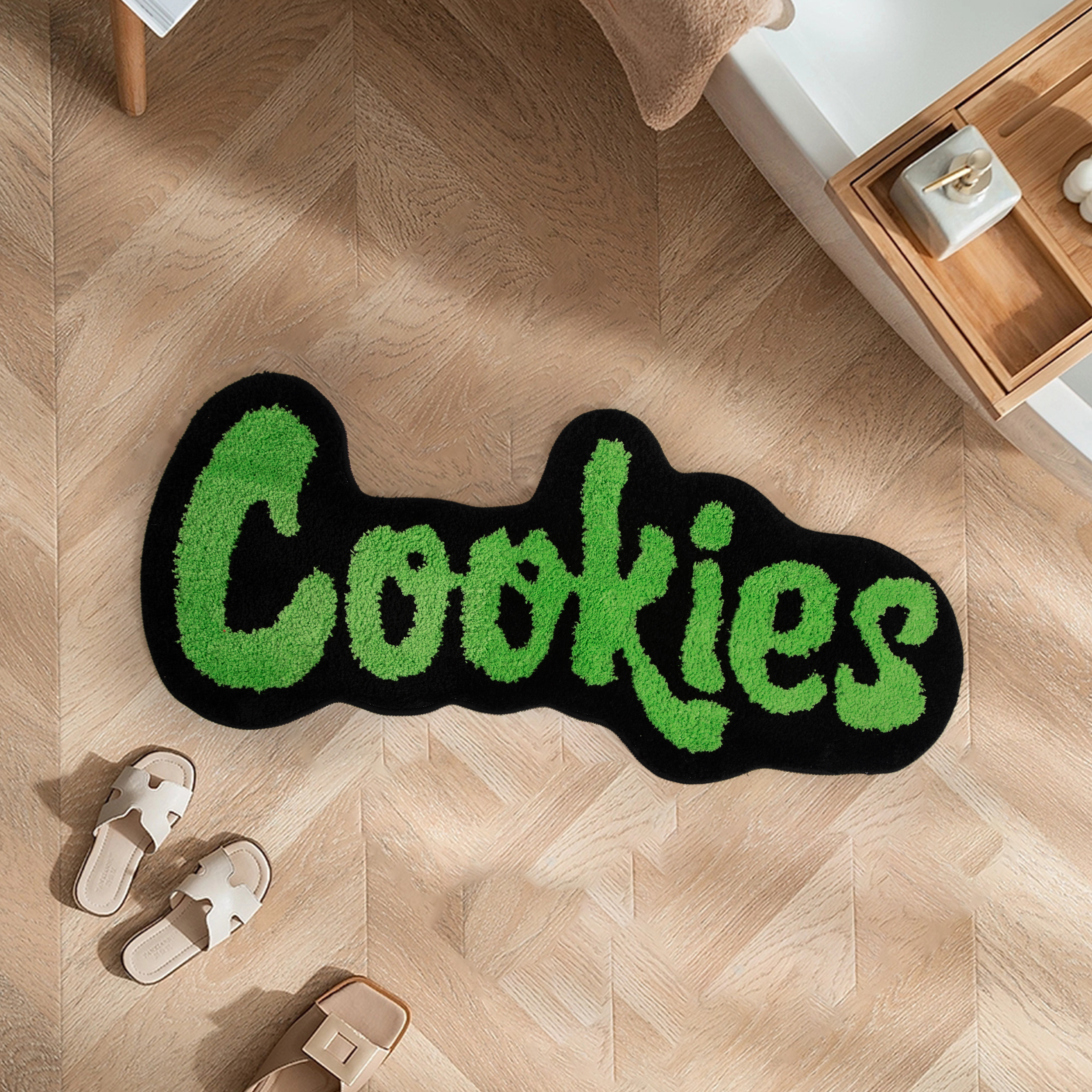 "Cookies" Letter Tufted Rug, Graffiti Font Plush Floor Mat, Anti-Slip Irregular Shaped Carpet for Street Style Bedroom, Dorm & Gaming Room Decor