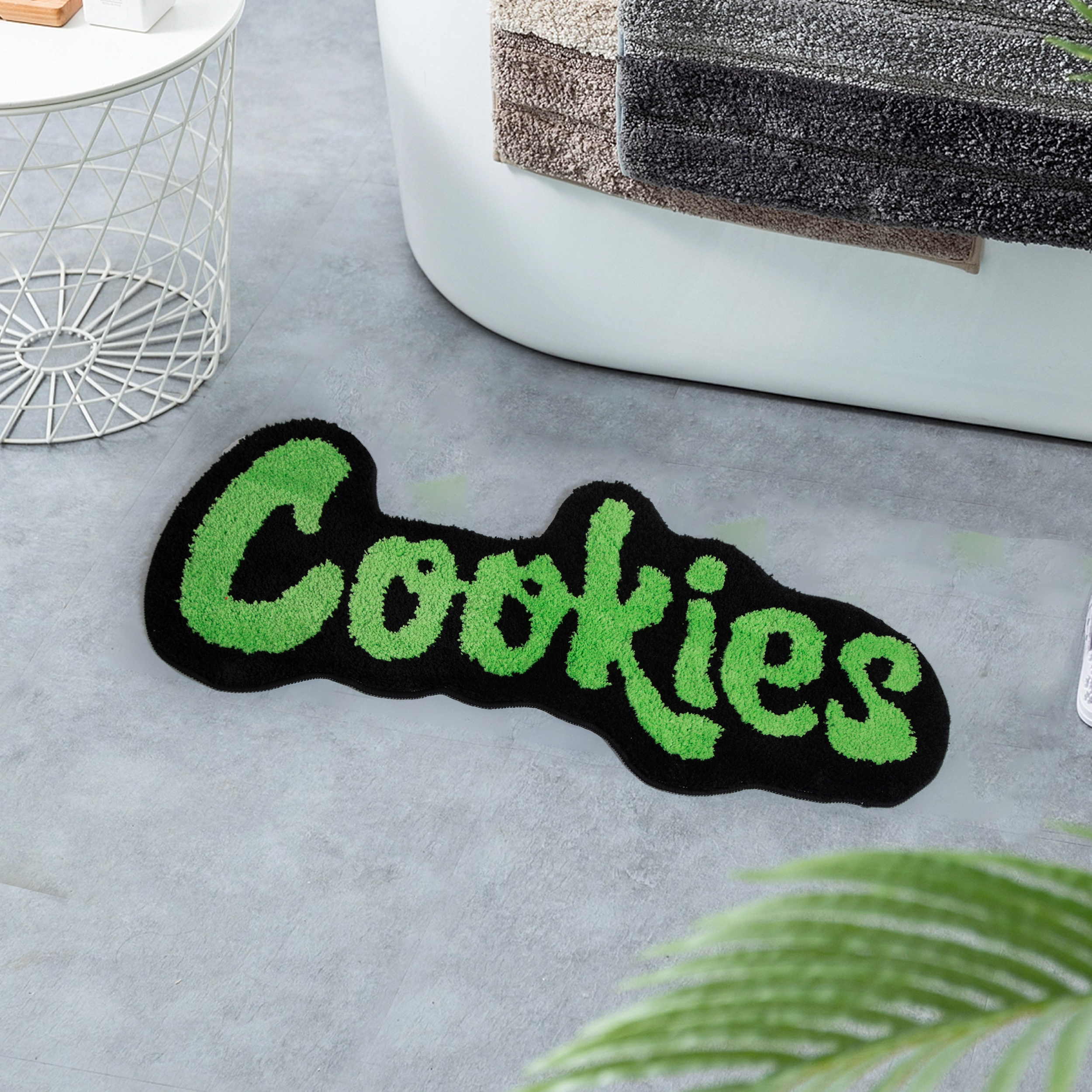 "Cookies" Letter Tufted Rug, Graffiti Font Plush Floor Mat, Anti-Slip Irregular Shaped Carpet for Street Style Bedroom, Dorm & Gaming Room Decor