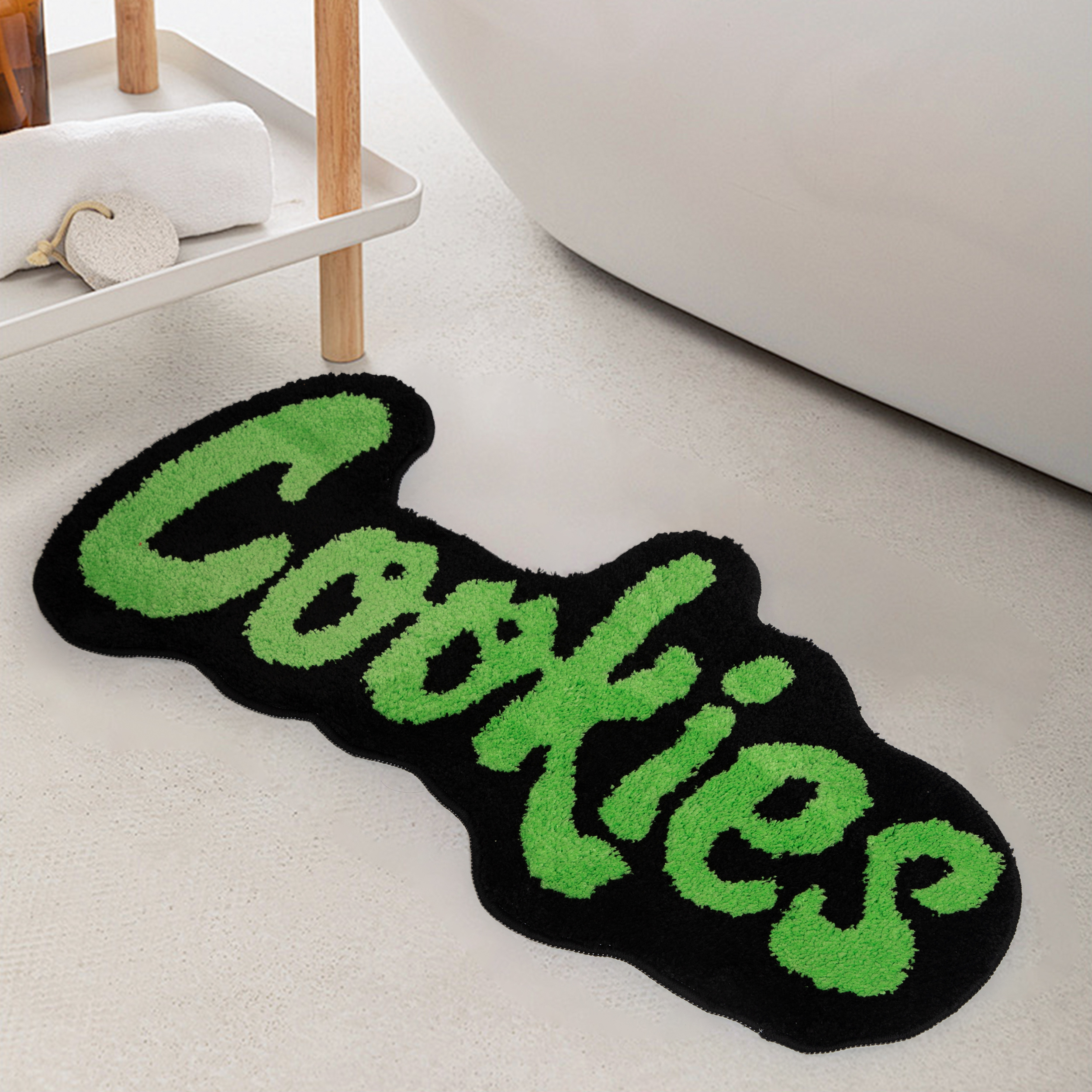 "Cookies" Letter Tufted Rug, Graffiti Font Plush Floor Mat, Anti-Slip Irregular Shaped Carpet for Street Style Bedroom, Dorm & Gaming Room Decor